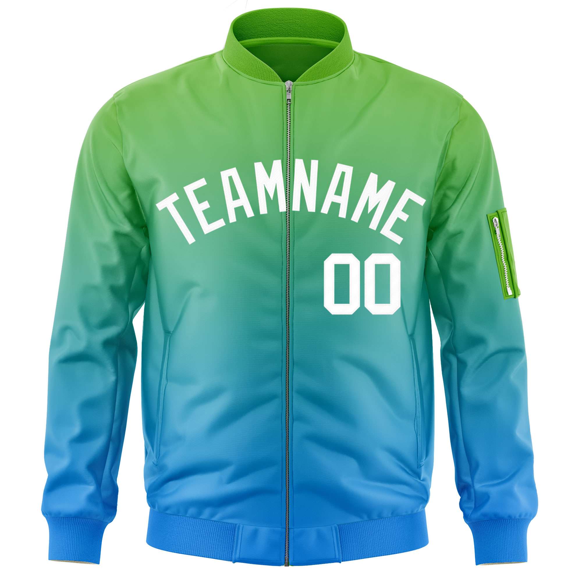 Custom Green Powder Blue-White Varsity Full-Zip Gradient Fashion Letterman Bomber Jacket