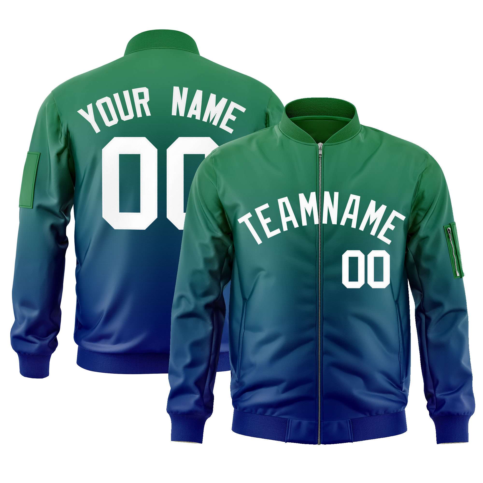 Custom Kelly Green Royal-White Varsity Full-Zip Gradient Fashion Letterman Bomber Jacket