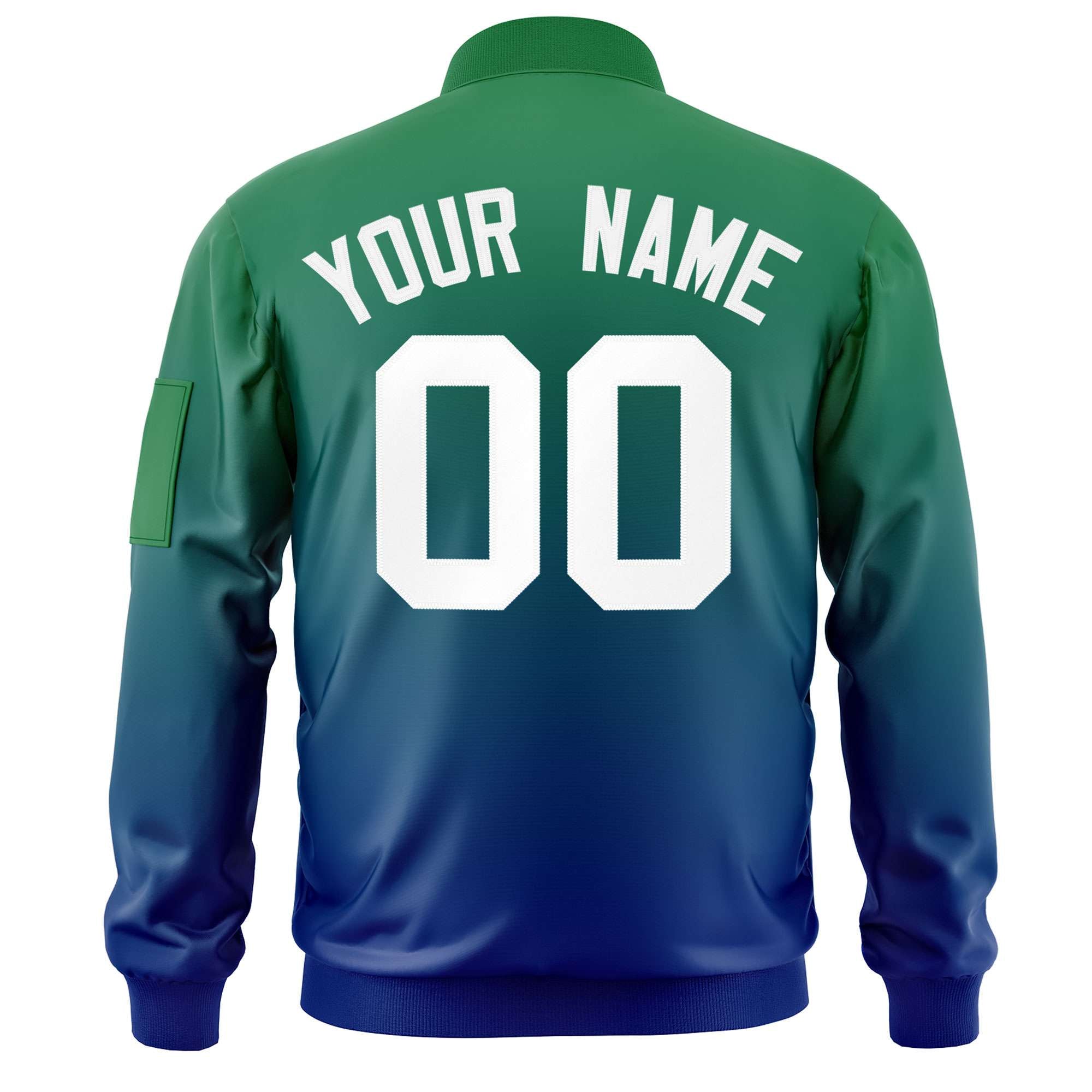 Custom Kelly Green Royal-White Varsity Full-Zip Gradient Fashion Letterman Bomber Jacket