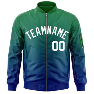 Custom Kelly Green Royal-White Varsity Full-Zip Gradient Fashion Letterman Bomber Jacket