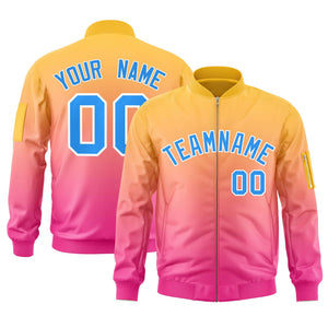 Custom Gold Pink-Powder Blue Varsity Full-Zip Gradient Fashion Letterman Bomber Jacket