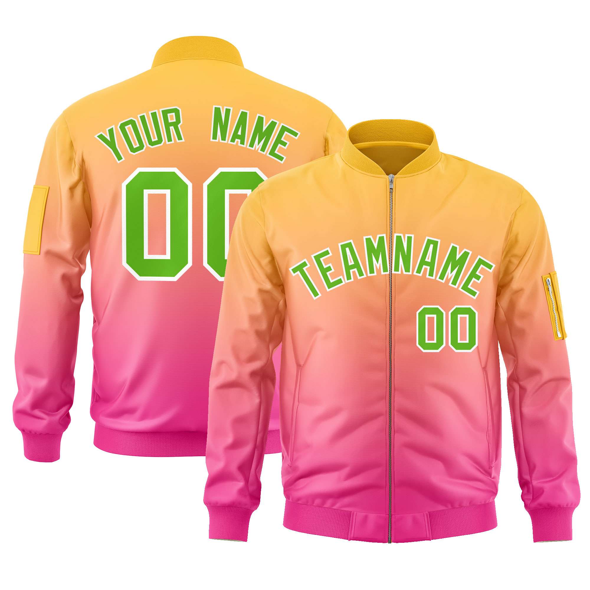 Custom Gold Pink-Green Varsity Full-Zip Gradient Fashion Letterman Bomber Jacket