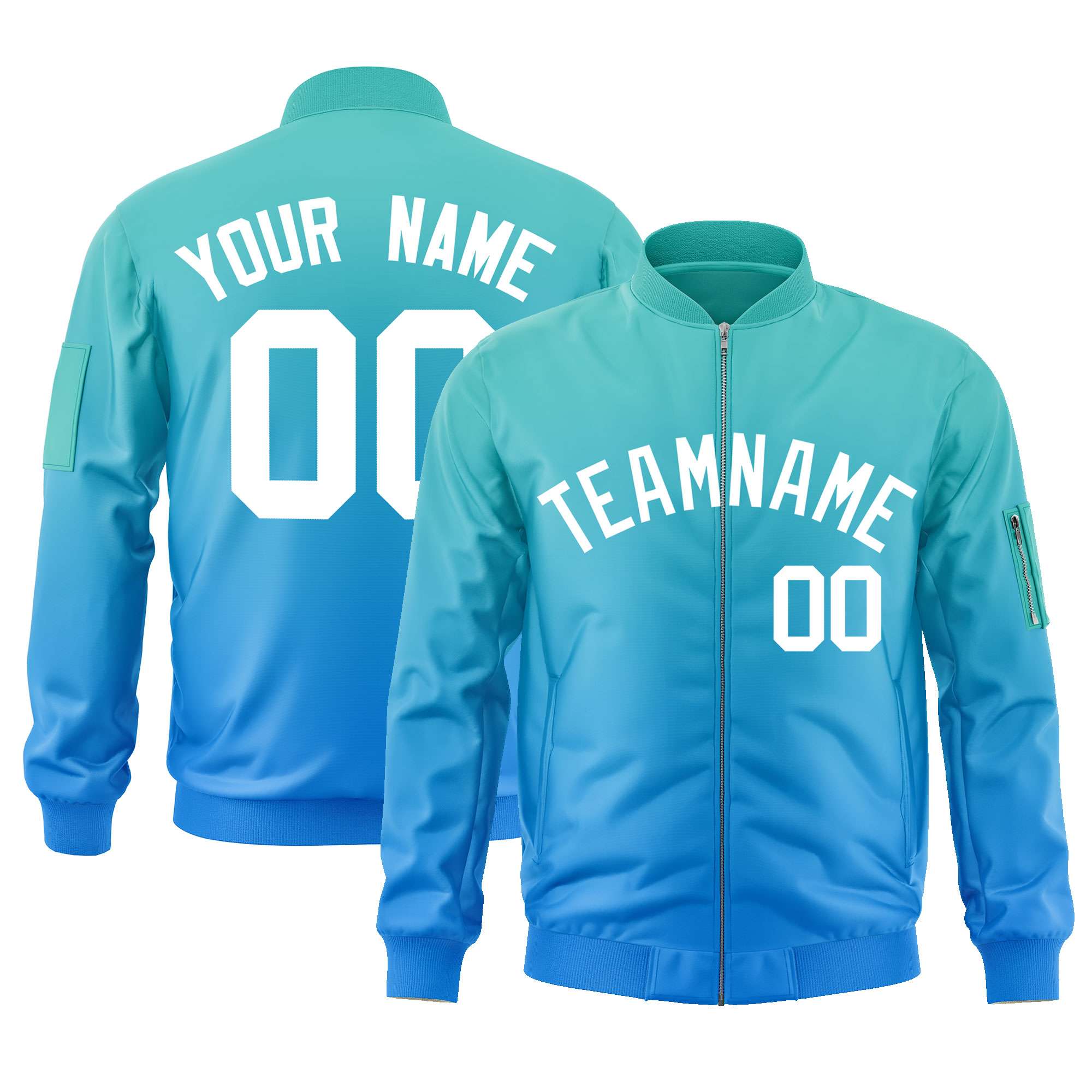 Custom Aqua Powder Blue-White Varsity Full-Zip Gradient Fashion Letterman Bomber Jacket