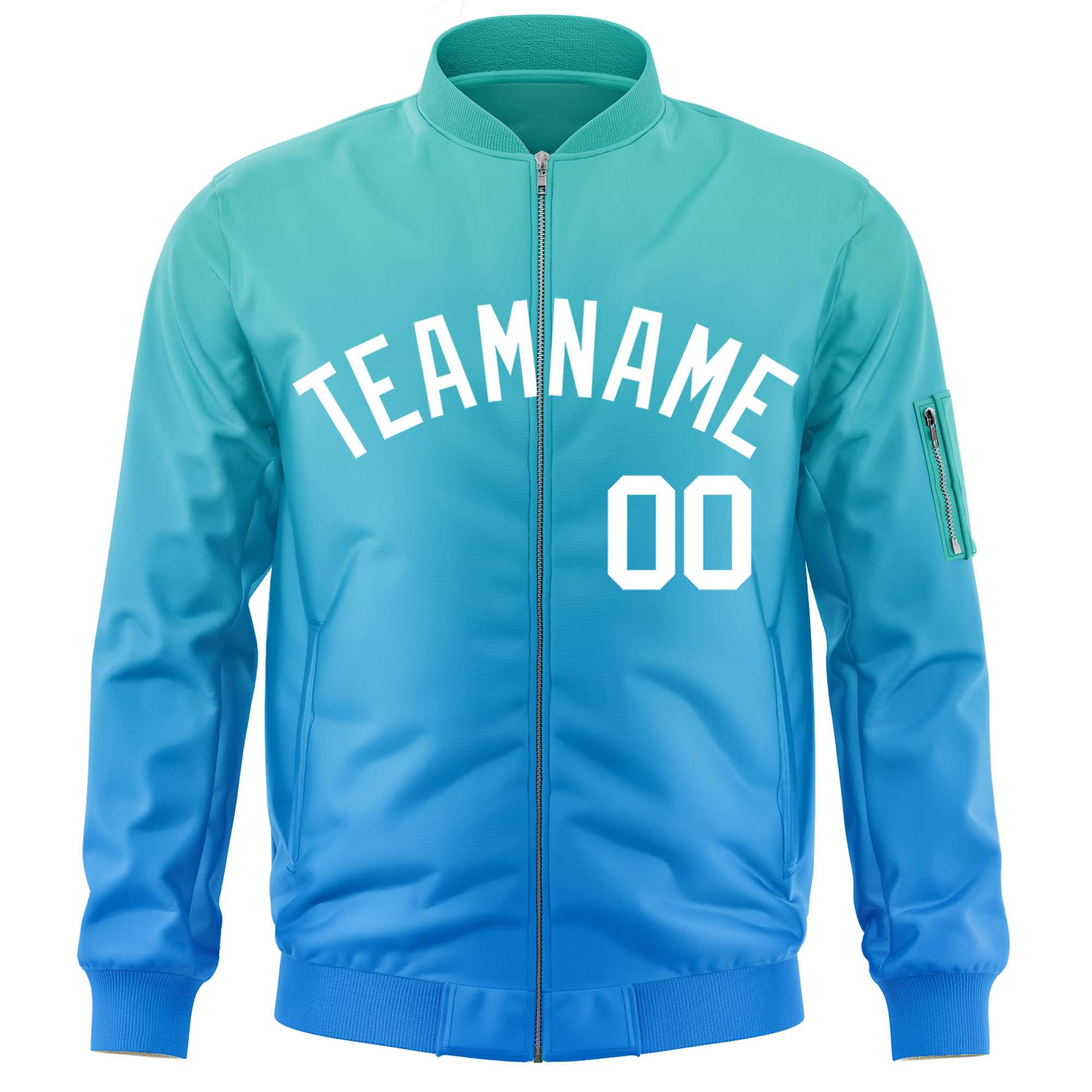 Custom Aqua Powder Blue-White Varsity Full-Zip Gradient Fashion Letterman Bomber Jacket