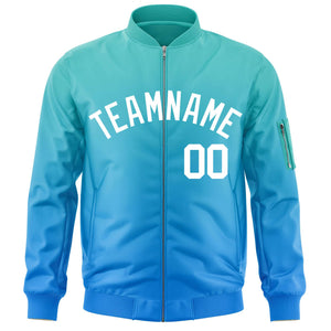 Custom Aqua Powder Blue-White Varsity Full-Zip Gradient Fashion Letterman Bomber Jacket