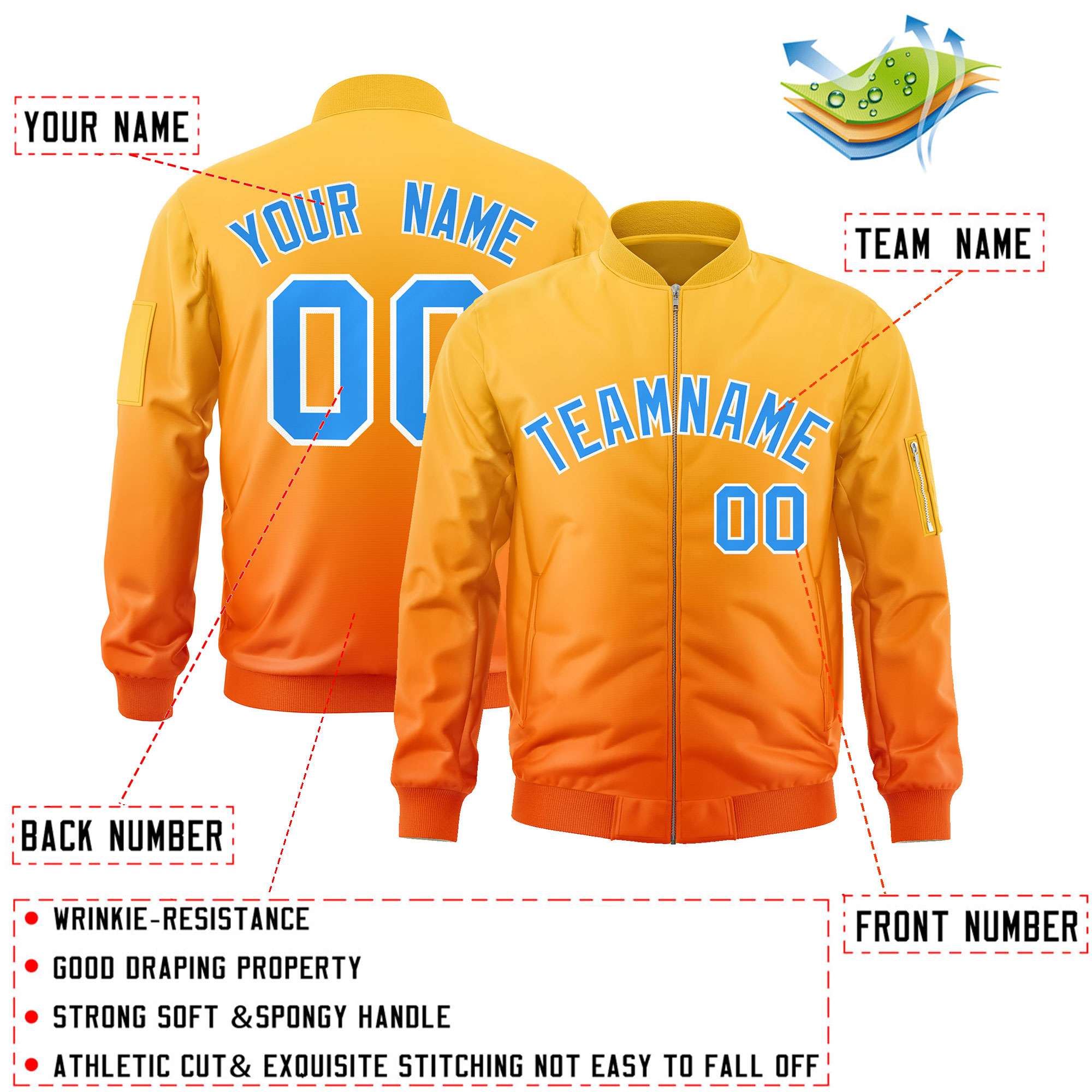 Custom Gold Orange-Powder Blue Varsity Full-Zip Gradient Fashion Letterman Bomber Jacket