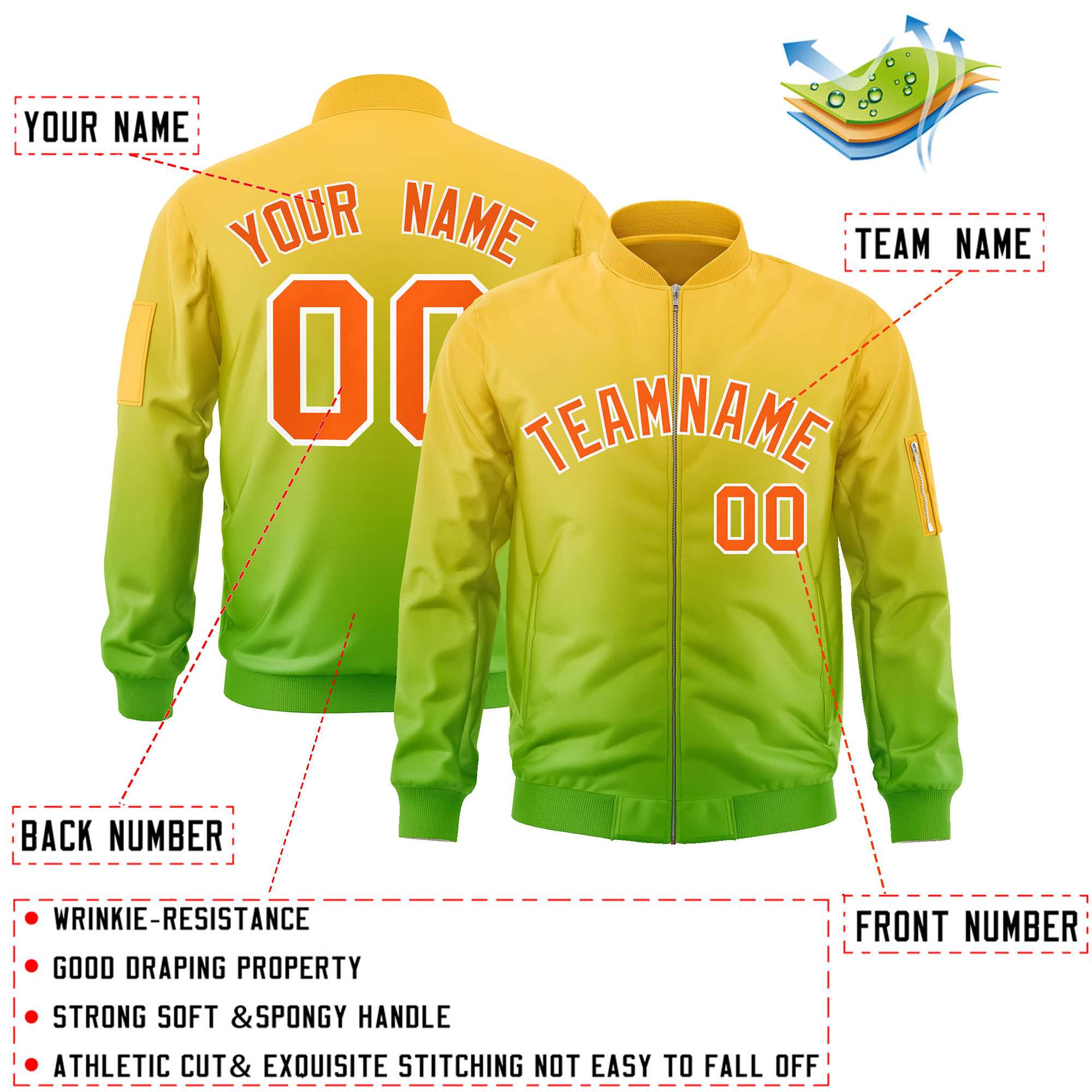 Custom Gold Green-Orange Varsity Full-Zip Gradient Fashion Letterman Bomber Jacket