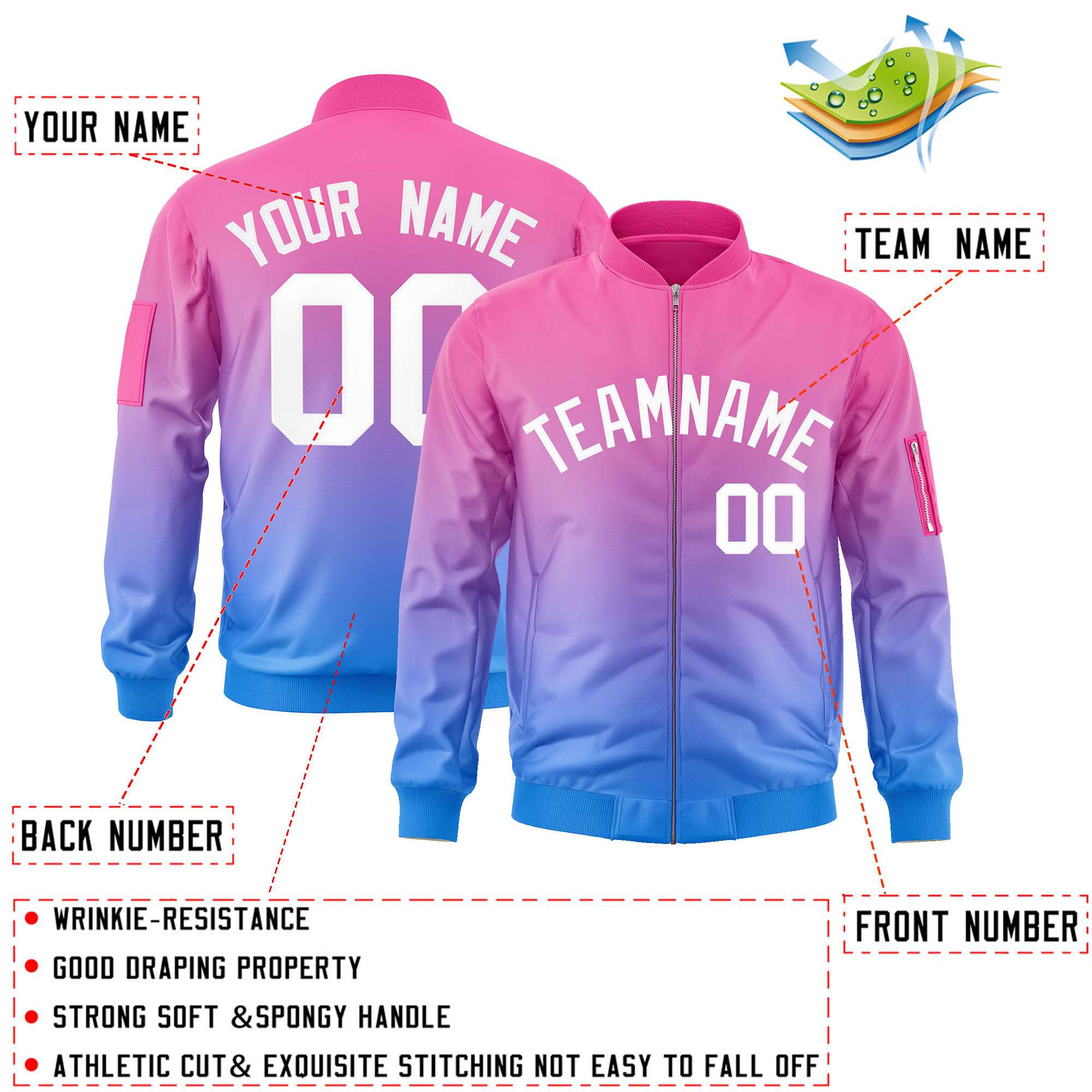 Custom Pink Powder Blue-White Varsity Full-Zip Gradient Fashion Letterman Bomber Jacket