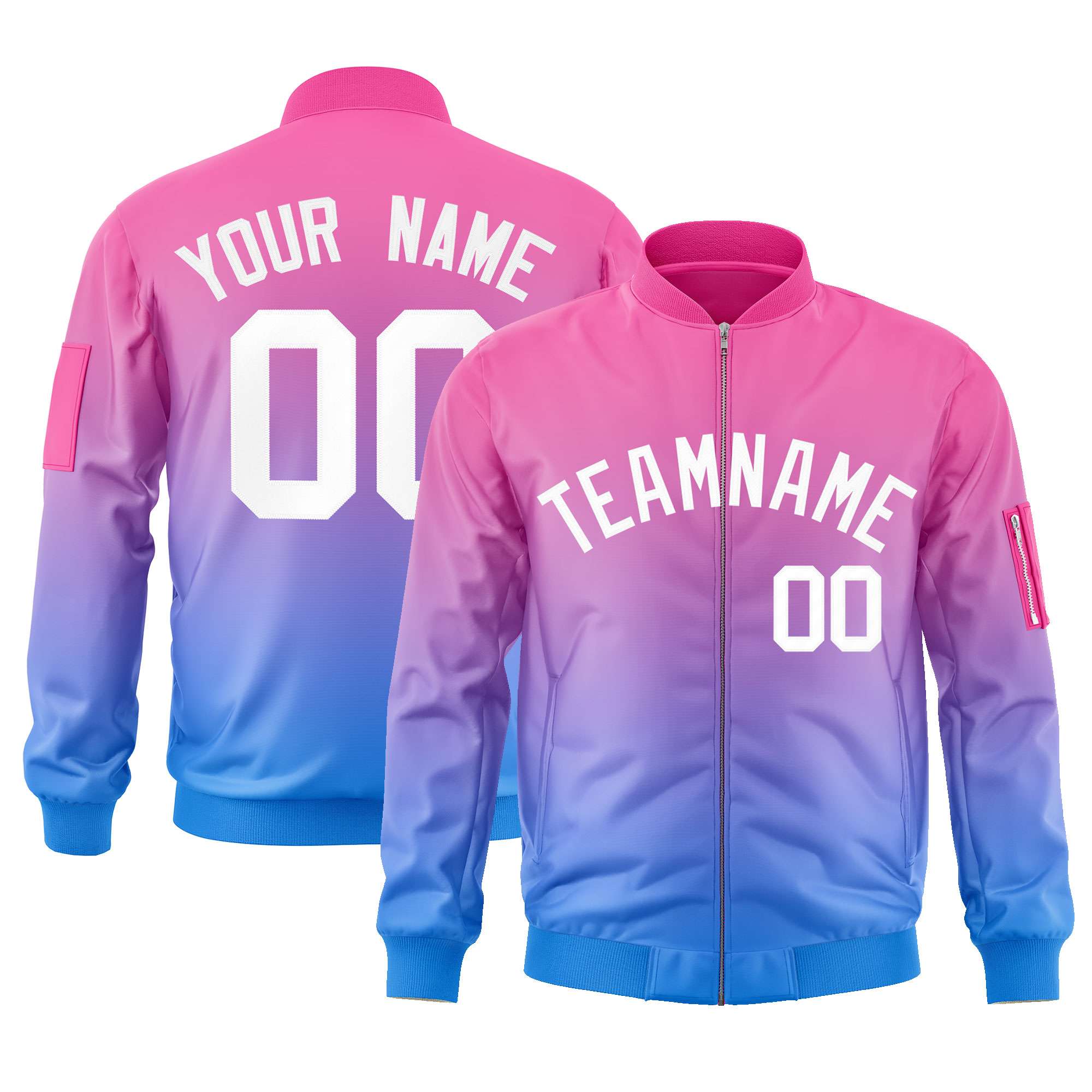 Custom Pink Powder Blue-White Varsity Full-Zip Gradient Fashion Letterman Bomber Jacket