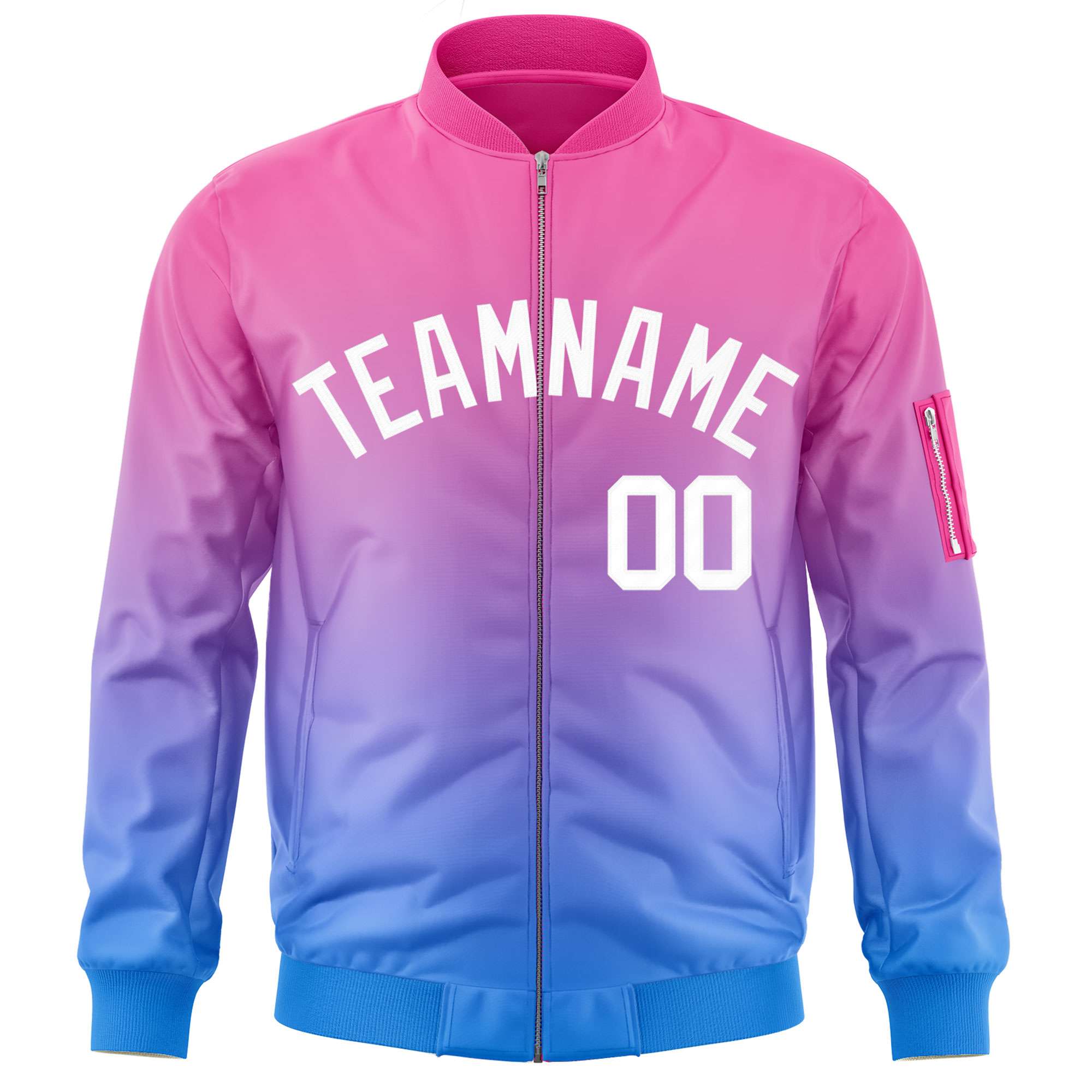 Custom Pink Powder Blue-White Varsity Full-Zip Gradient Fashion Letterman Bomber Jacket