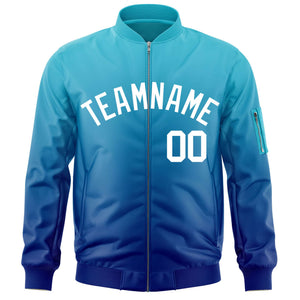 Custom Light Blue Royal-White Varsity Full-Zip Gradient Fashion Letterman Bomber Jacket