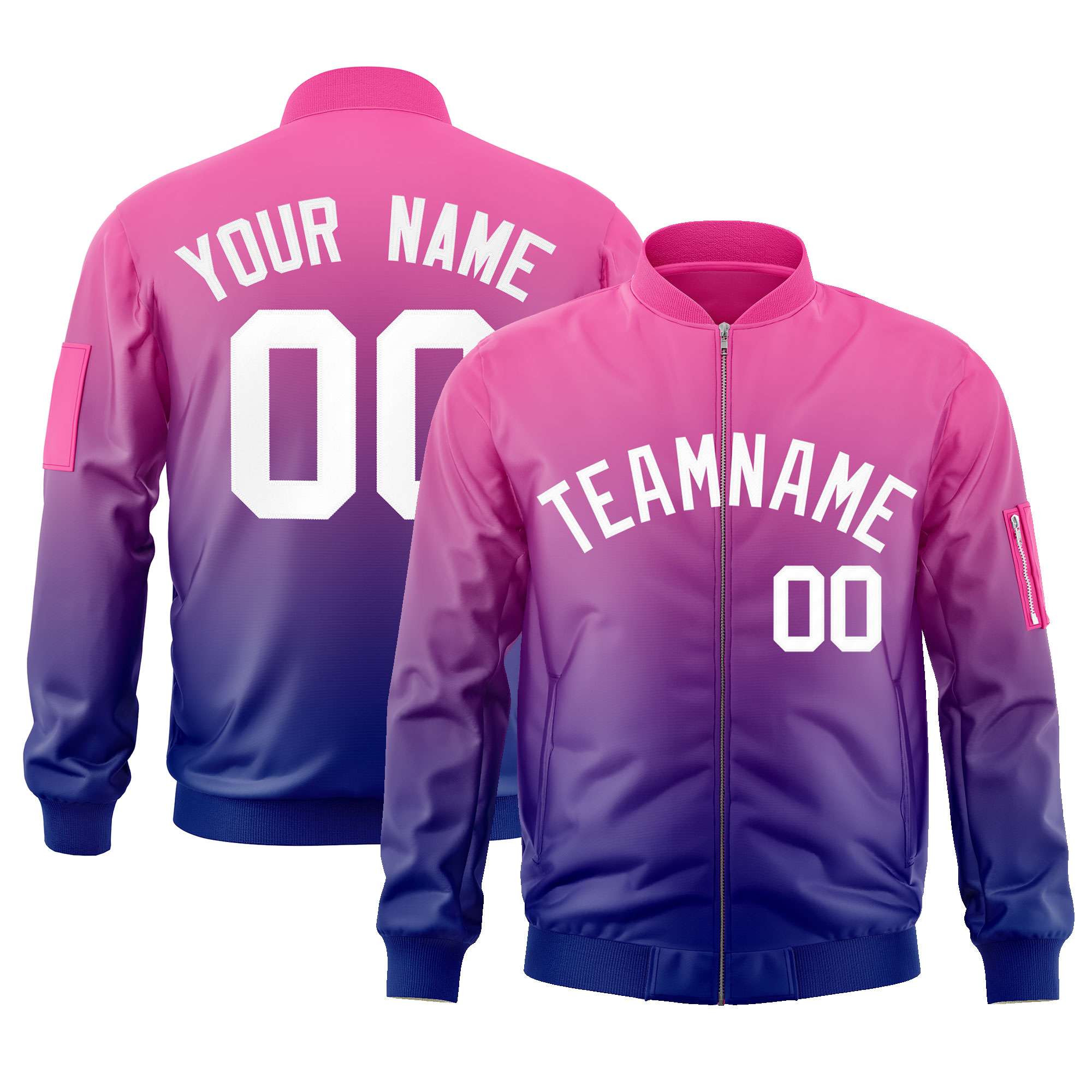 Custom Pink Purple-White Varsity Full-Zip Gradient Fashion Letterman Bomber Jacket