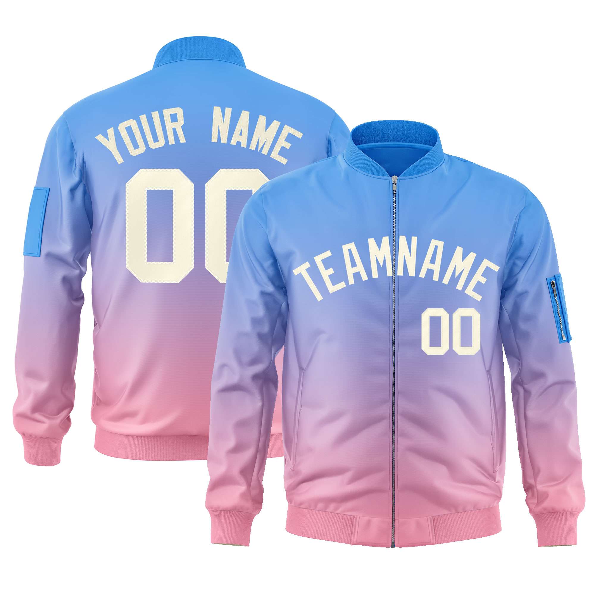 Custom Powder Blue Pink-Cream Varsity Full-Zip Gradient Fashion Letterman Bomber Jacket