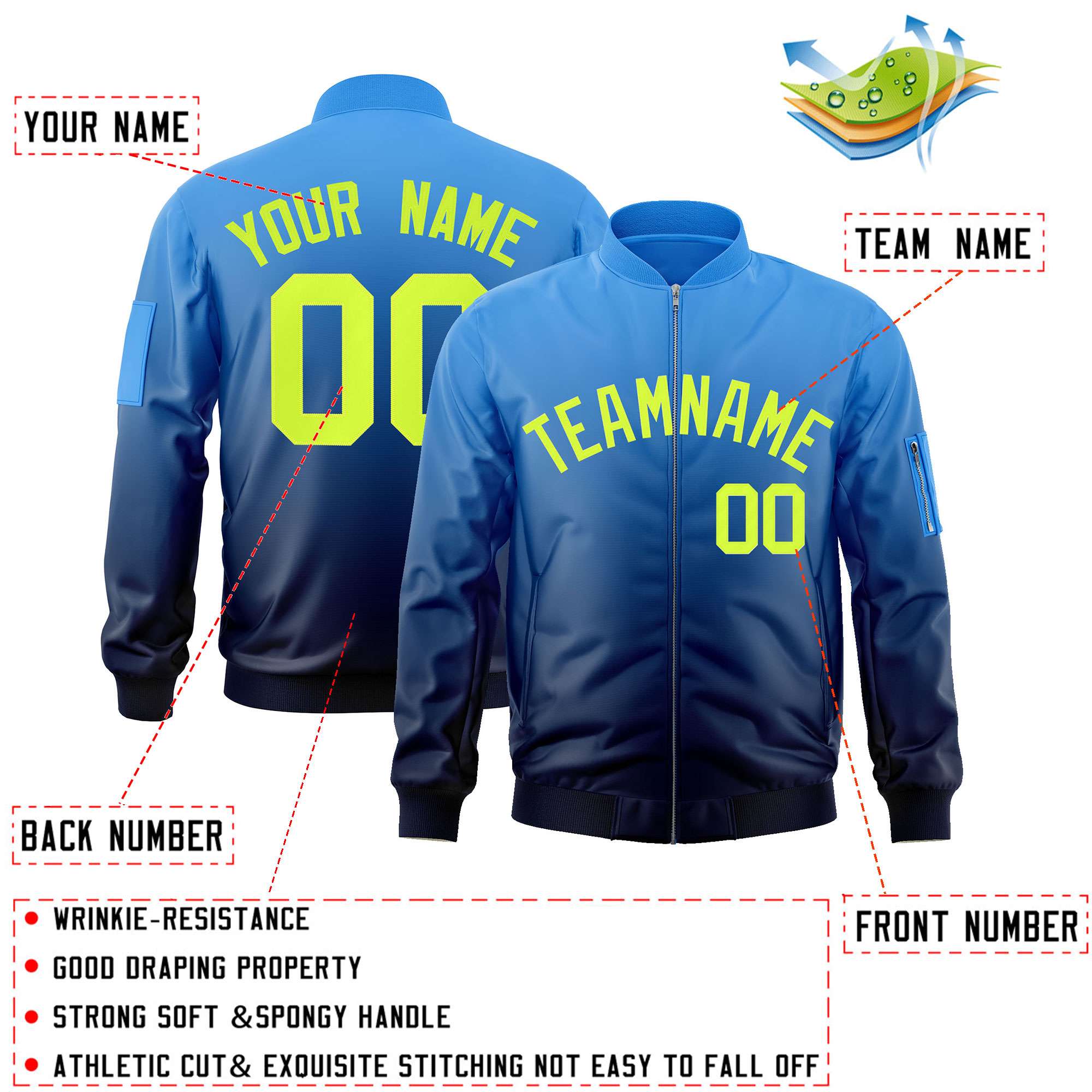 Custom Powder Blue Navy-Neon Green Varsity Full-Zip Gradient Fashion Letterman Bomber Jacket