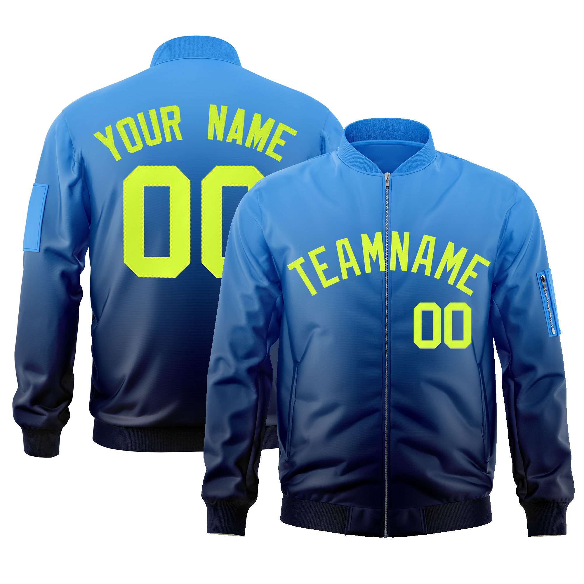 Custom Powder Blue Navy-Neon Green Varsity Full-Zip Gradient Fashion Letterman Bomber Jacket