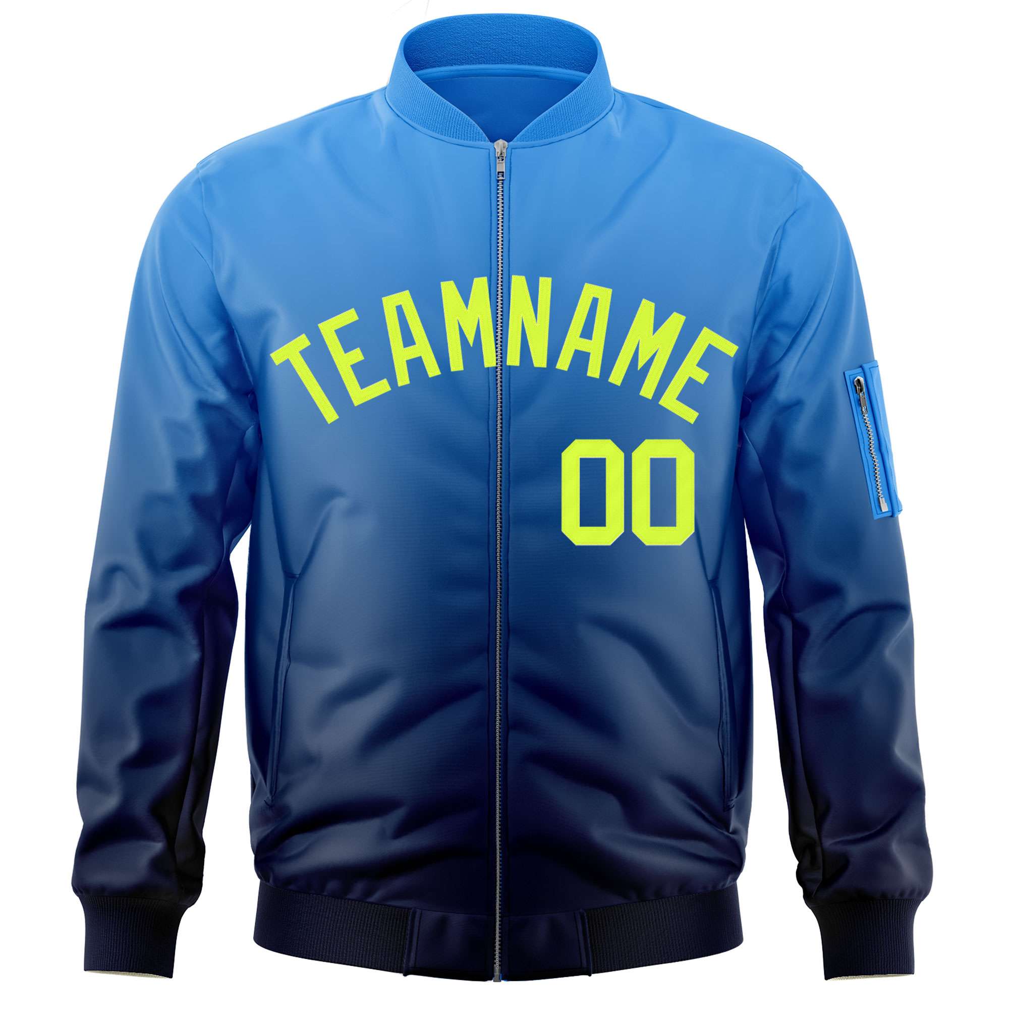 Custom Powder Blue Navy-Neon Green Varsity Full-Zip Gradient Fashion Letterman Bomber Jacket