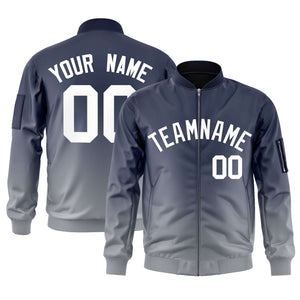 Custom Navy Gray-White Varsity Full-Zip Gradient Fashion Letterman Bomber Jacket