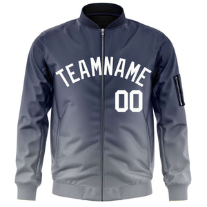 Custom Navy Gray-White Varsity Full-Zip Gradient Fashion Letterman Bomber Jacket