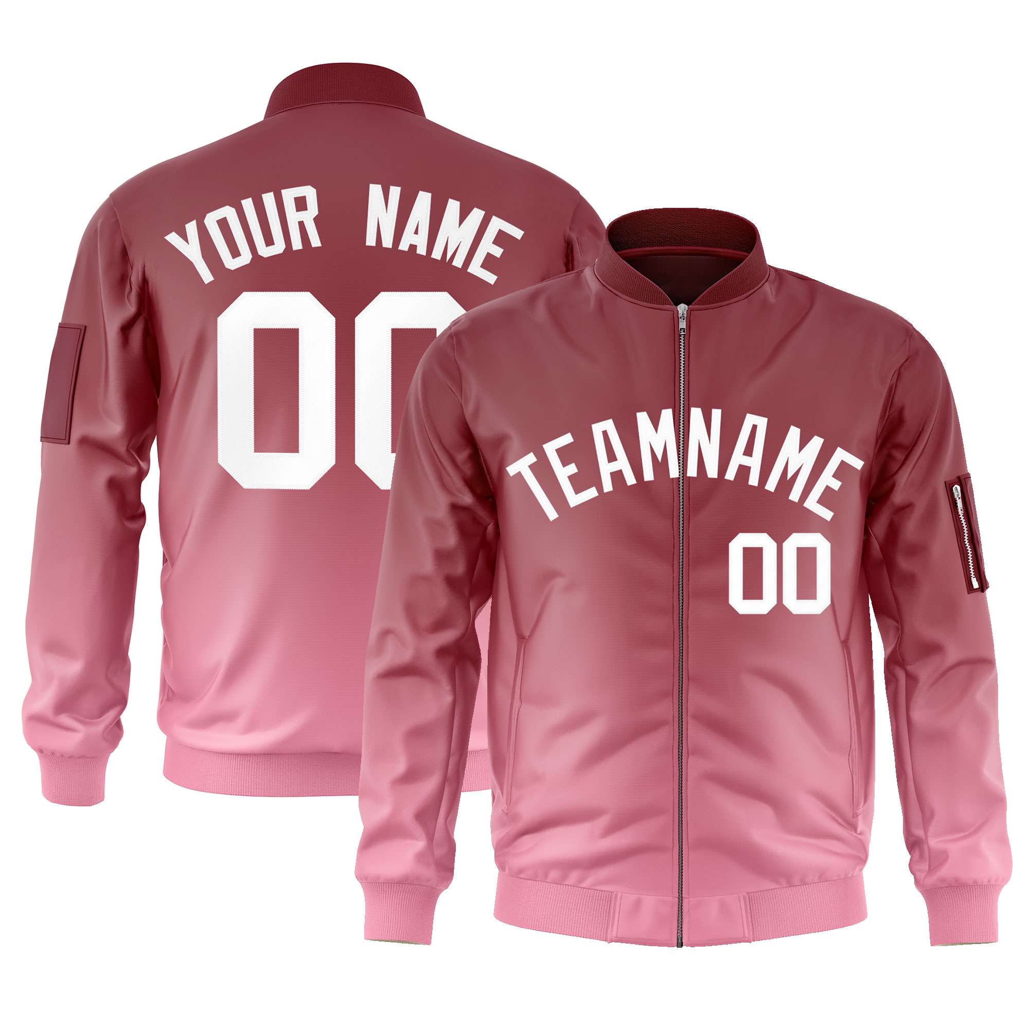 Custom Crimson Pink-White Varsity Full-Zip Gradient Fashion Letterman Bomber Jacket