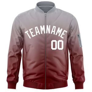 Custom Gray Crimson-White Varsity Full-Zip Gradient Fashion Letterman Bomber Jacket