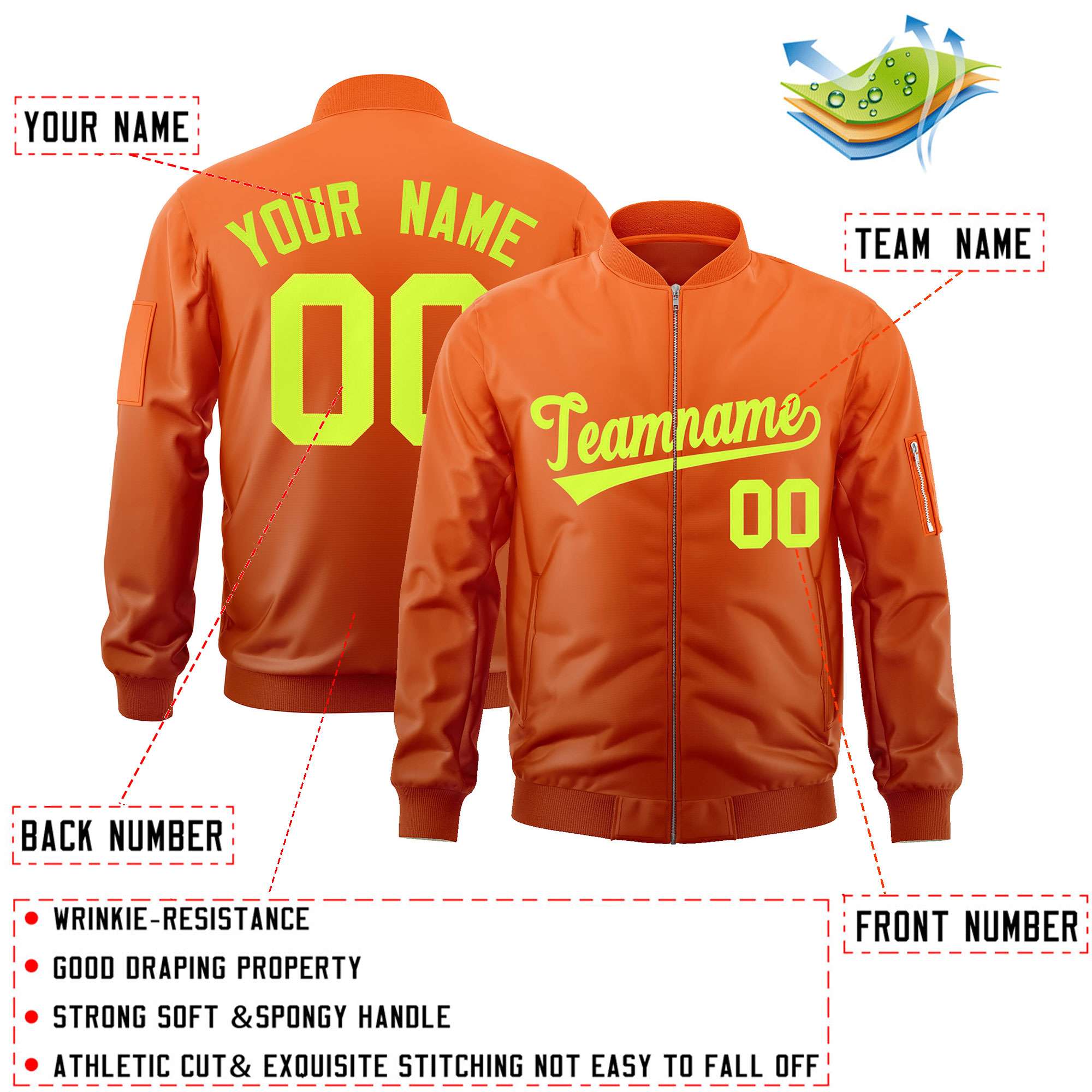 Custom Orange Neon Green Varsity Full-Zip Gradient Fashion Letterman Bomber Jacket