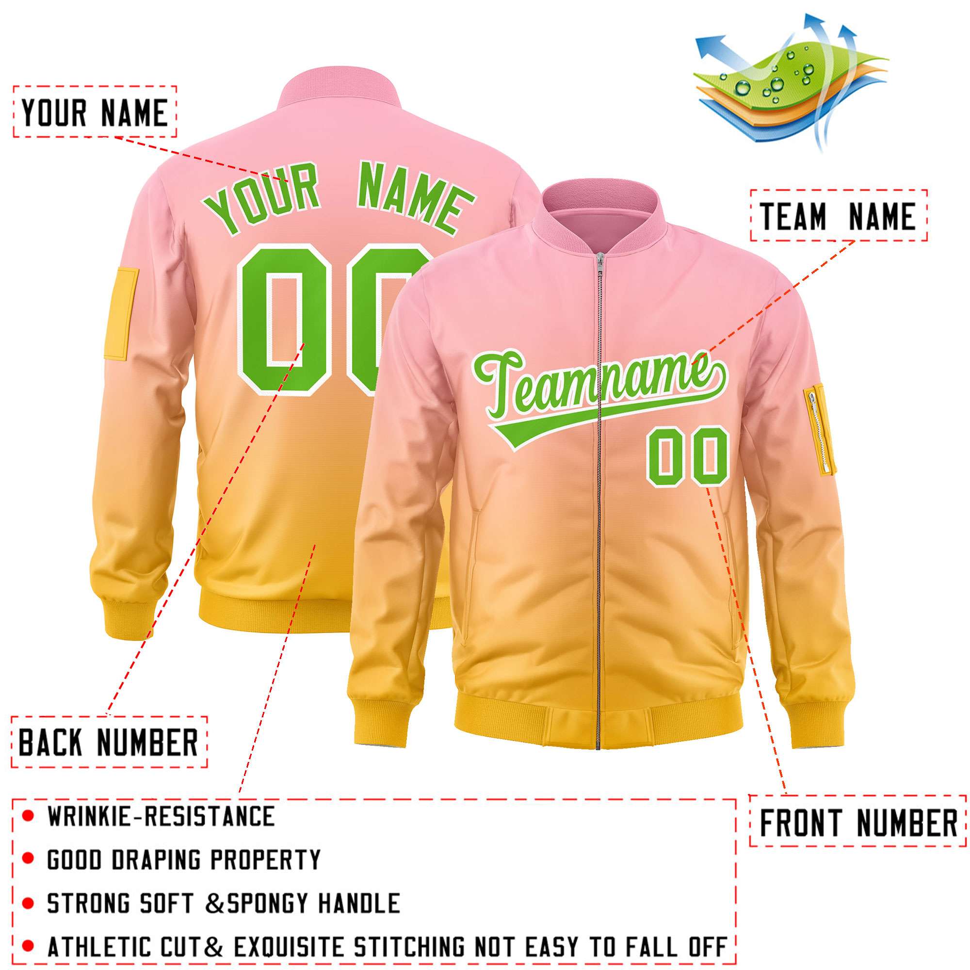 Custom Pink Gold-Green Varsity Full-Zip Gradient Fashion Letterman Bomber Jacket