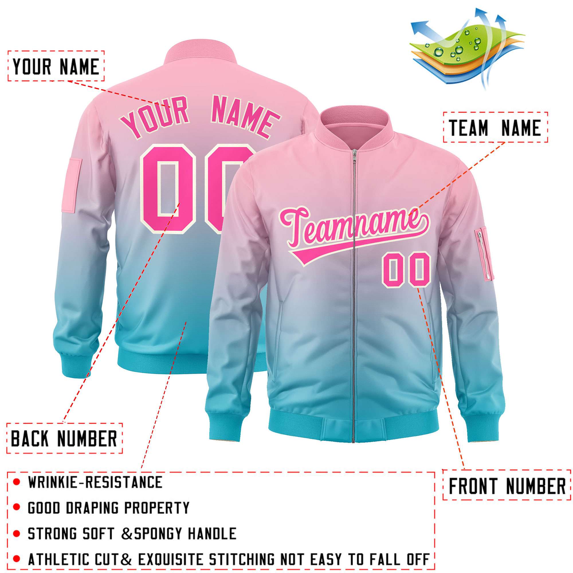 Custom Pink Light Blue Varsity Full-Zip Gradient Fashion Letterman Bomber Jacket