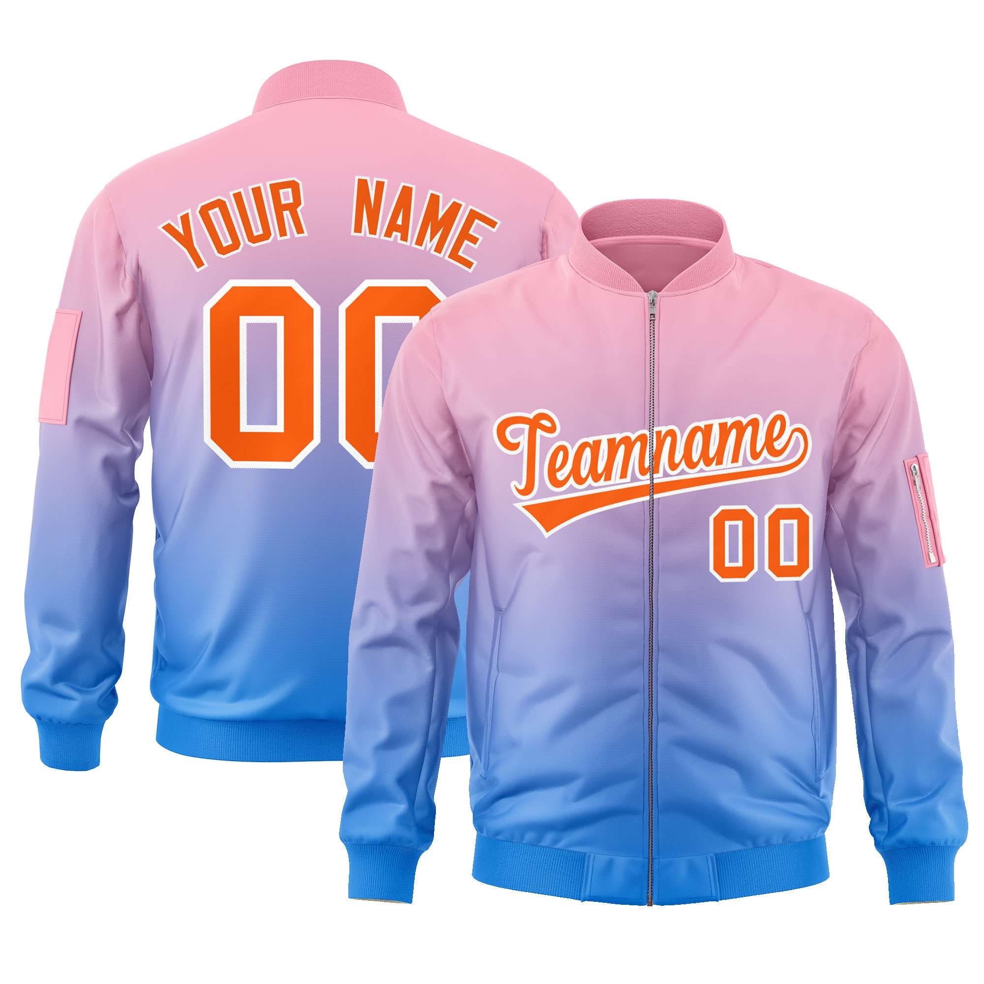 Custom Pink Powder Blue-Orange Varsity Full-Zip Gradient Fashion Letterman Bomber Jacket