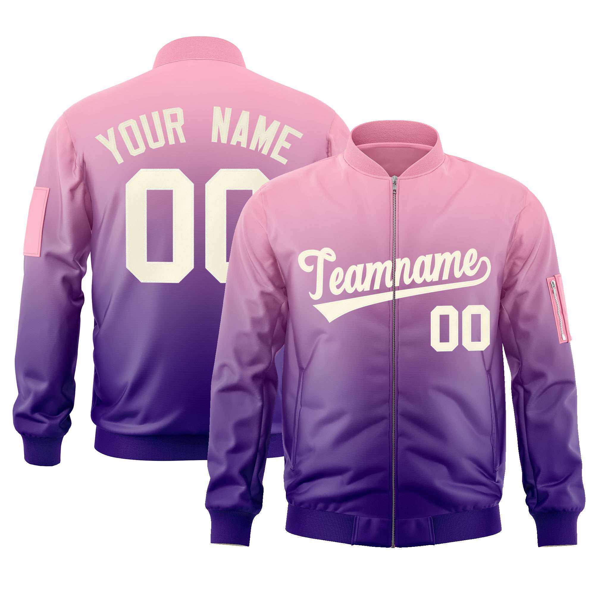 Custom Pink Purple-Cream Varsity Full-Zip Gradient Fashion Letterman Bomber Jacket