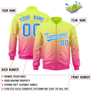 Custom Neon Green Pink-Powder Blue Varsity Full-Zip Gradient Fashion Letterman Bomber Jacket