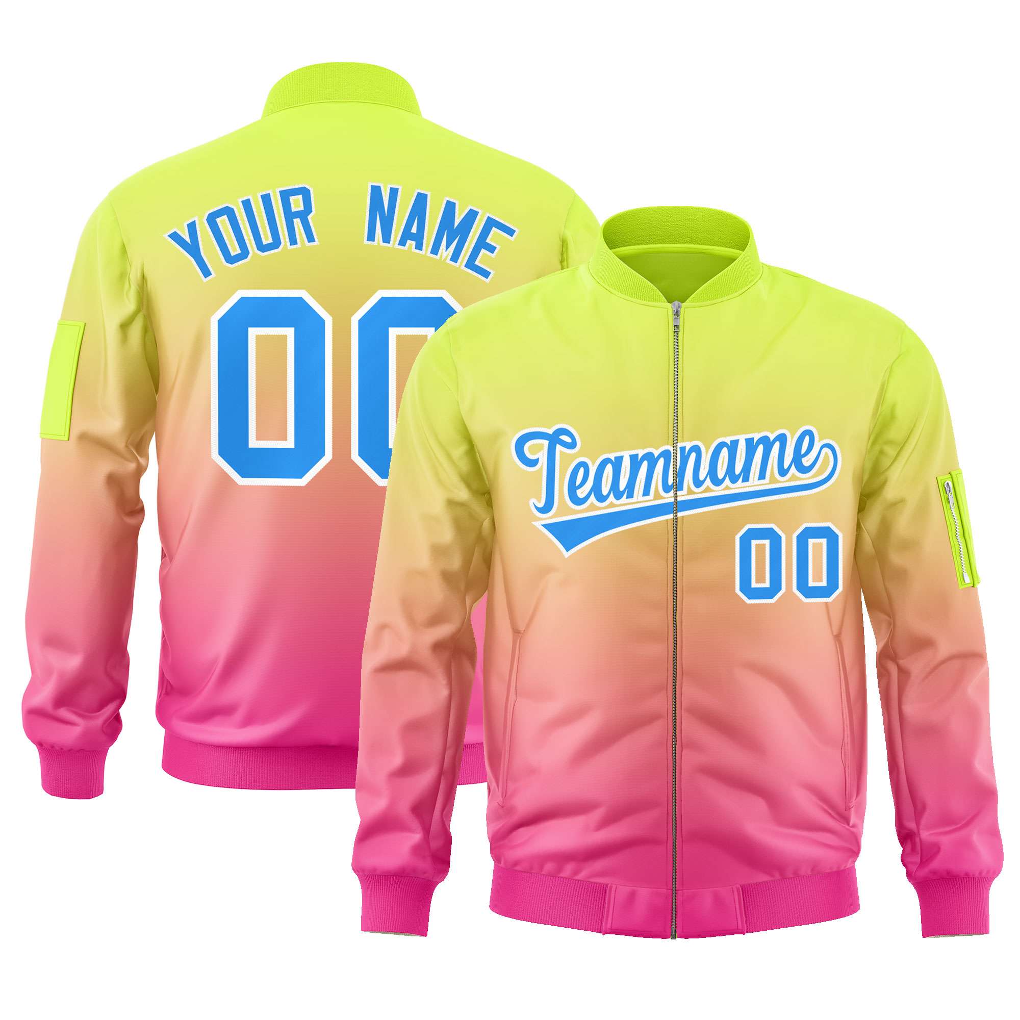 Custom Neon Green Pink-Powder Blue Varsity Full-Zip Gradient Fashion Letterman Bomber Jacket