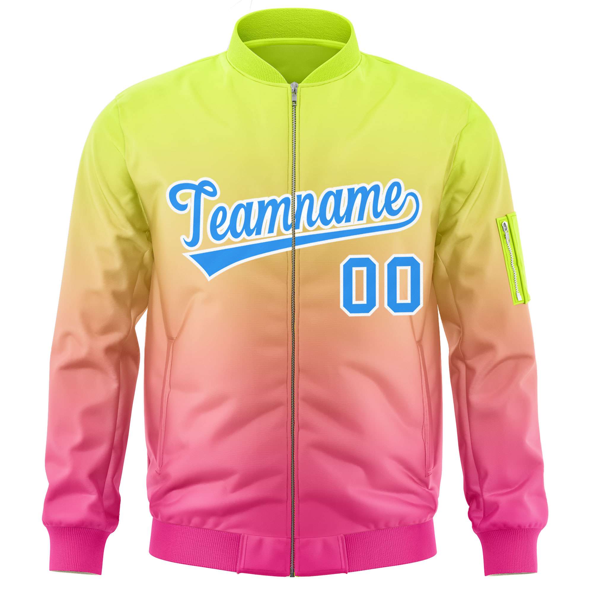 Custom Neon Green Pink-Powder Blue Varsity Full-Zip Gradient Fashion Letterman Bomber Jacket