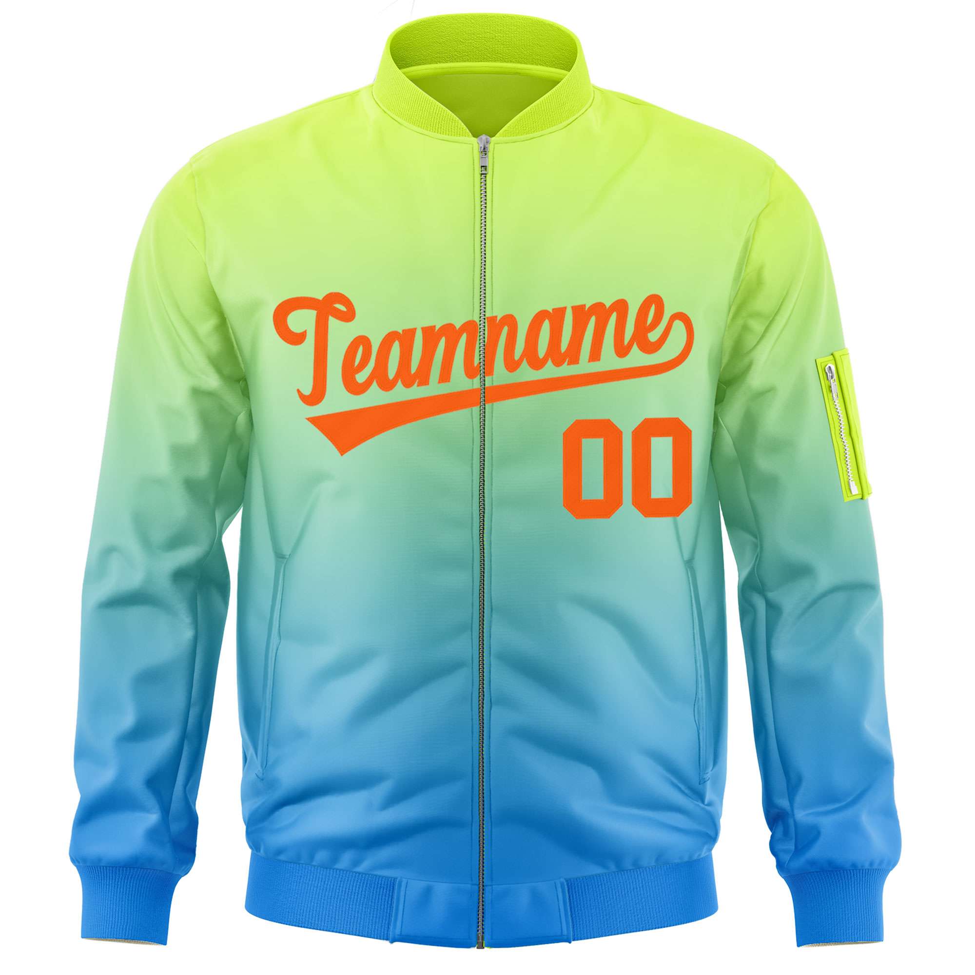 Custom Neon Green Powder Blue-Orange Varsity Full-Zip Gradient Fashion Letterman Bomber Jacket