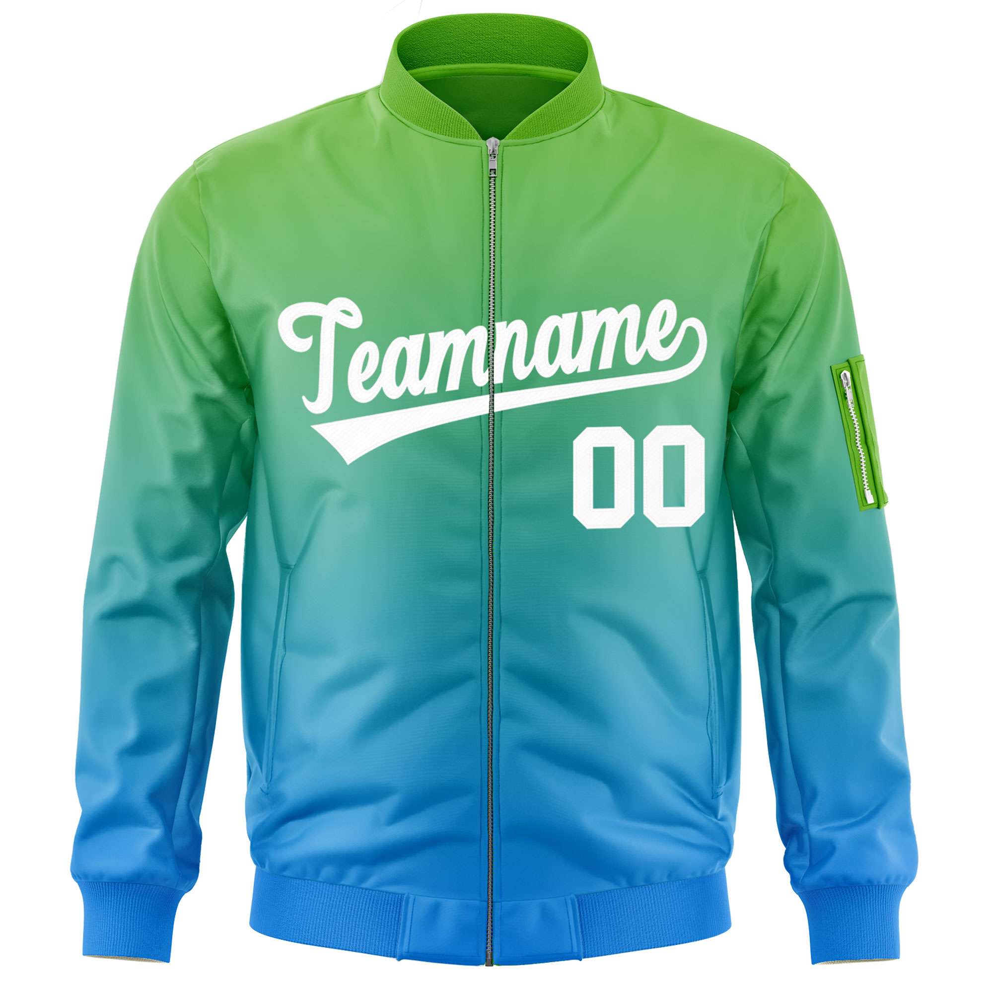 Custom Green Powder Blue-White Varsity Full-Zip Gradient Fashion Letterman Bomber Jacket