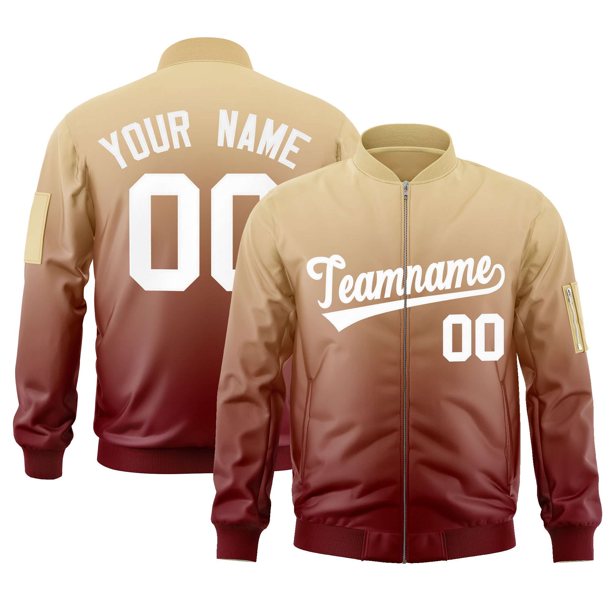 Custom Khaki Crimson-White Varsity Full-Zip Gradient Fashion Letterman Bomber Jacket