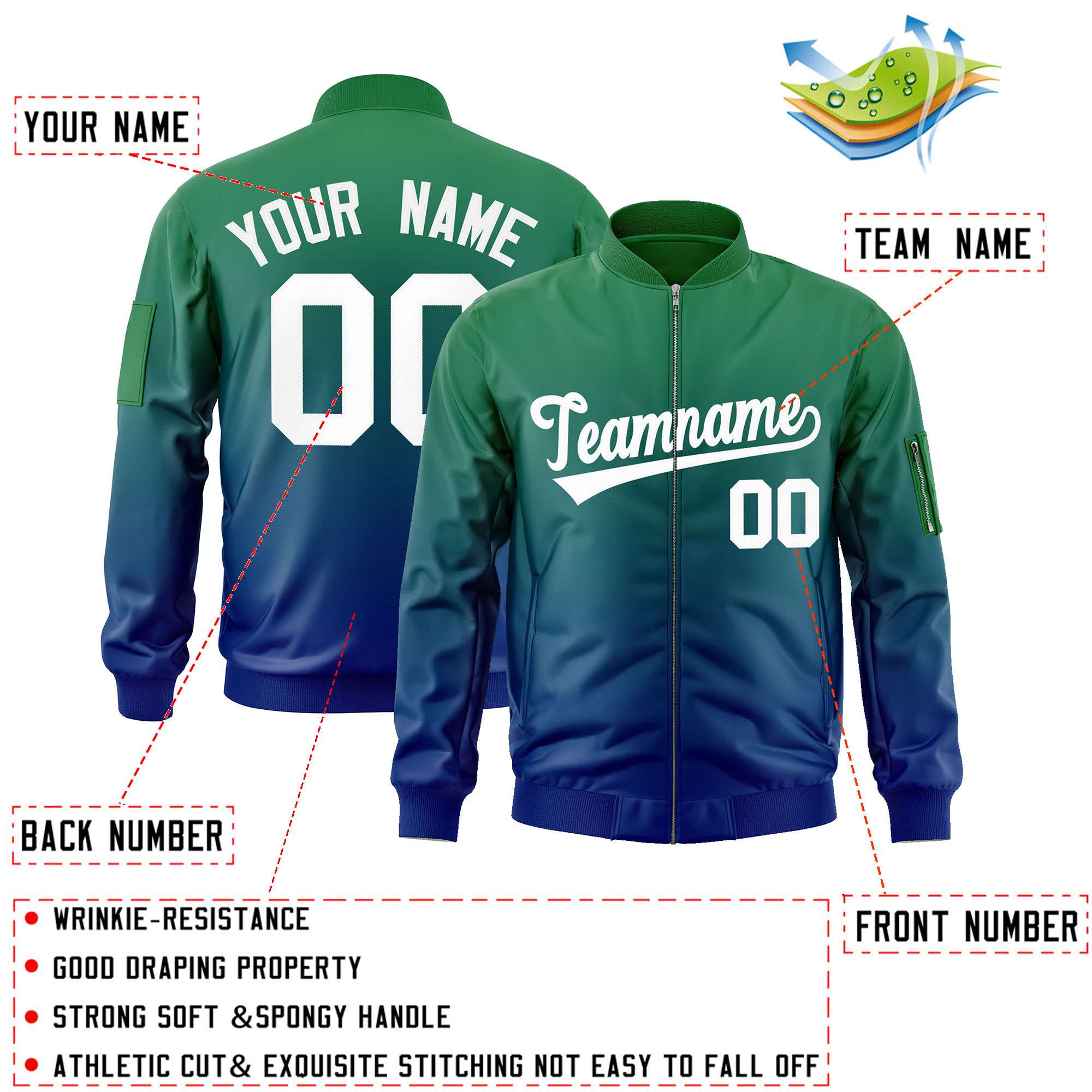 Custom Kelly Green Royal-White Varsity Full-Zip Gradient Fashion Letterman Bomber Jacket