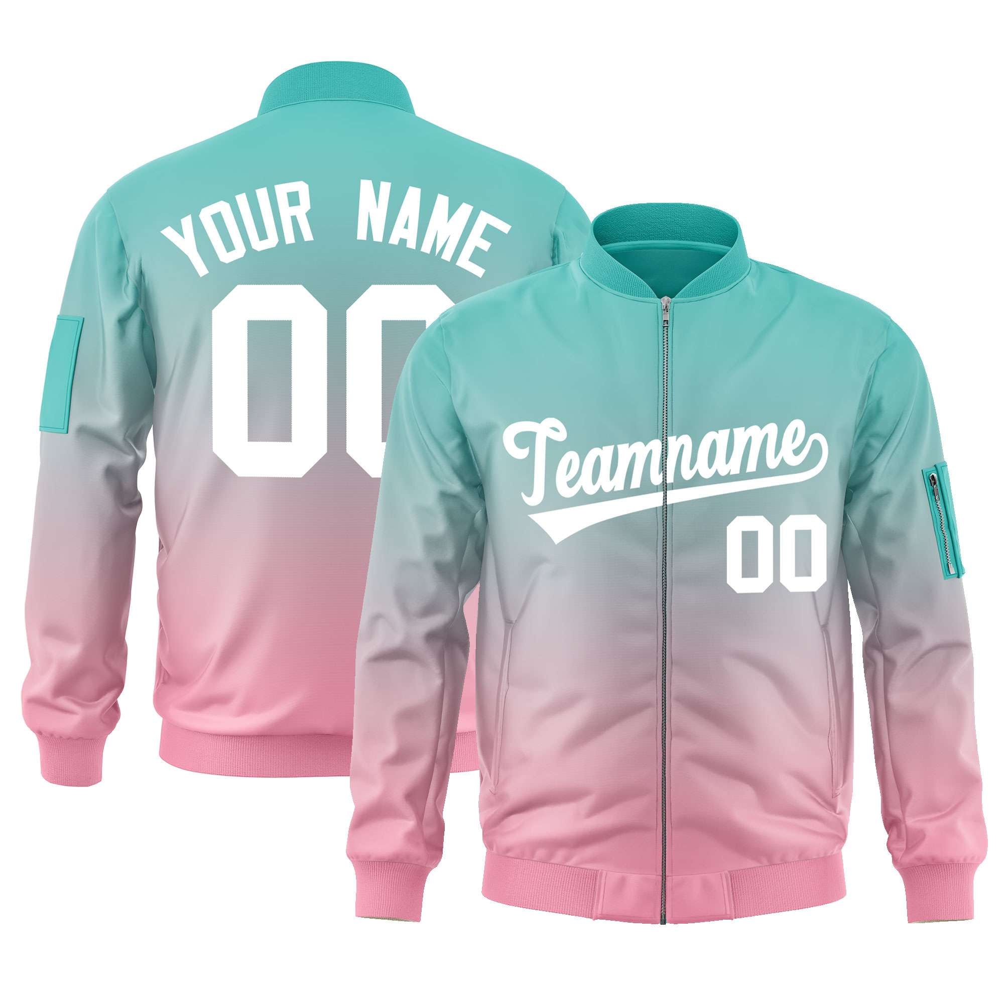 Custom Aqua Pink-White Varsity Full-Zip Gradient Fashion Letterman Bomber Jacket