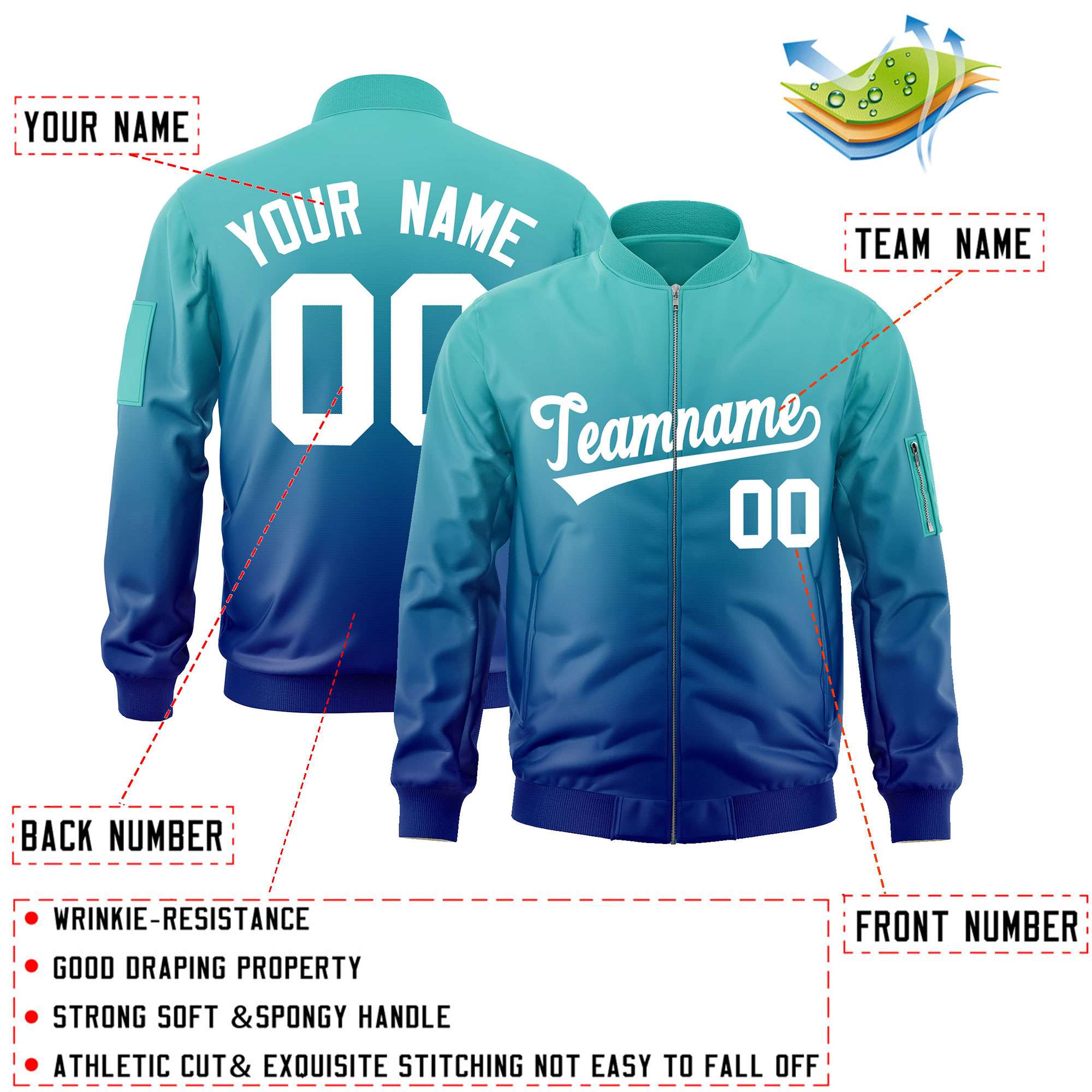 Custom Aqua Royal-White Varsity Full-Zip Gradient Fashion Letterman Bomber Jacket