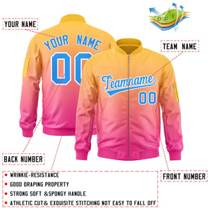 Custom Gold Pink-Powder Blue Varsity Full-Zip Gradient Fashion Letterman Bomber Jacket