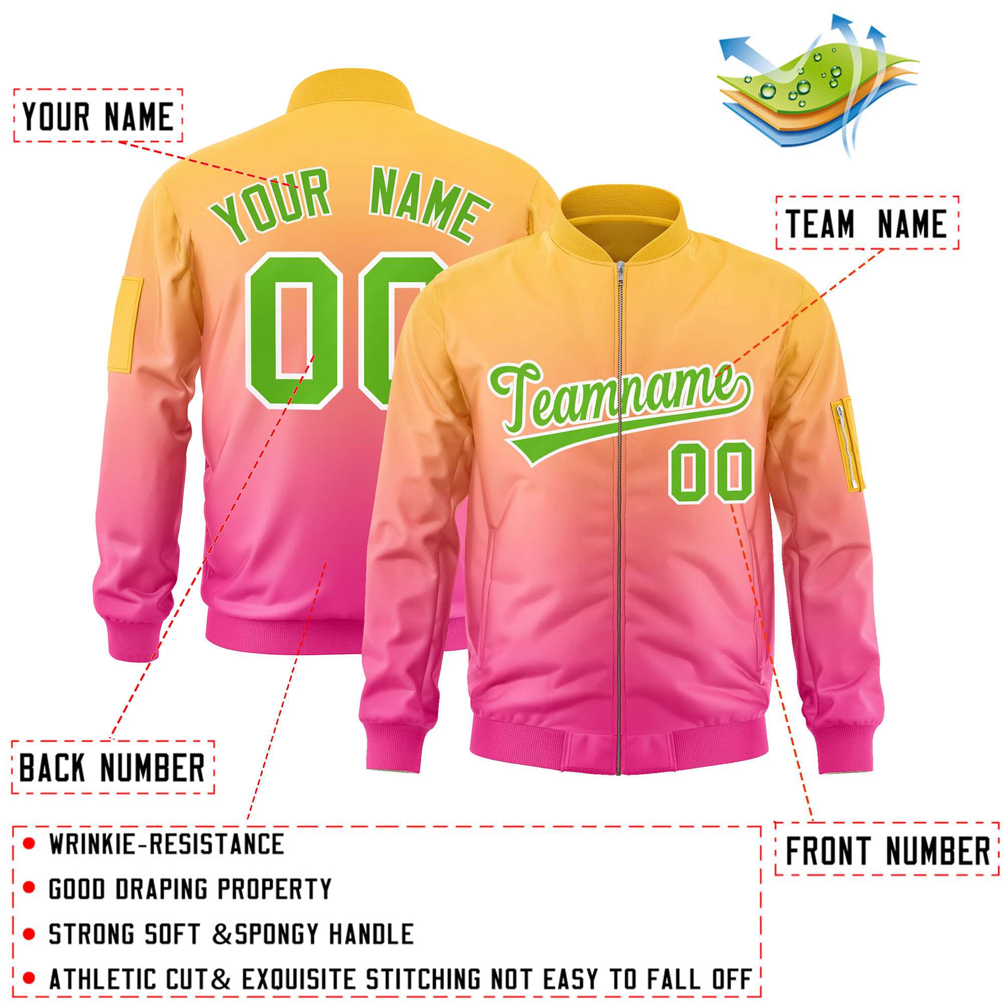 Custom Gold Pink-Green Varsity Full-Zip Gradient Fashion Letterman Bomber Jacket