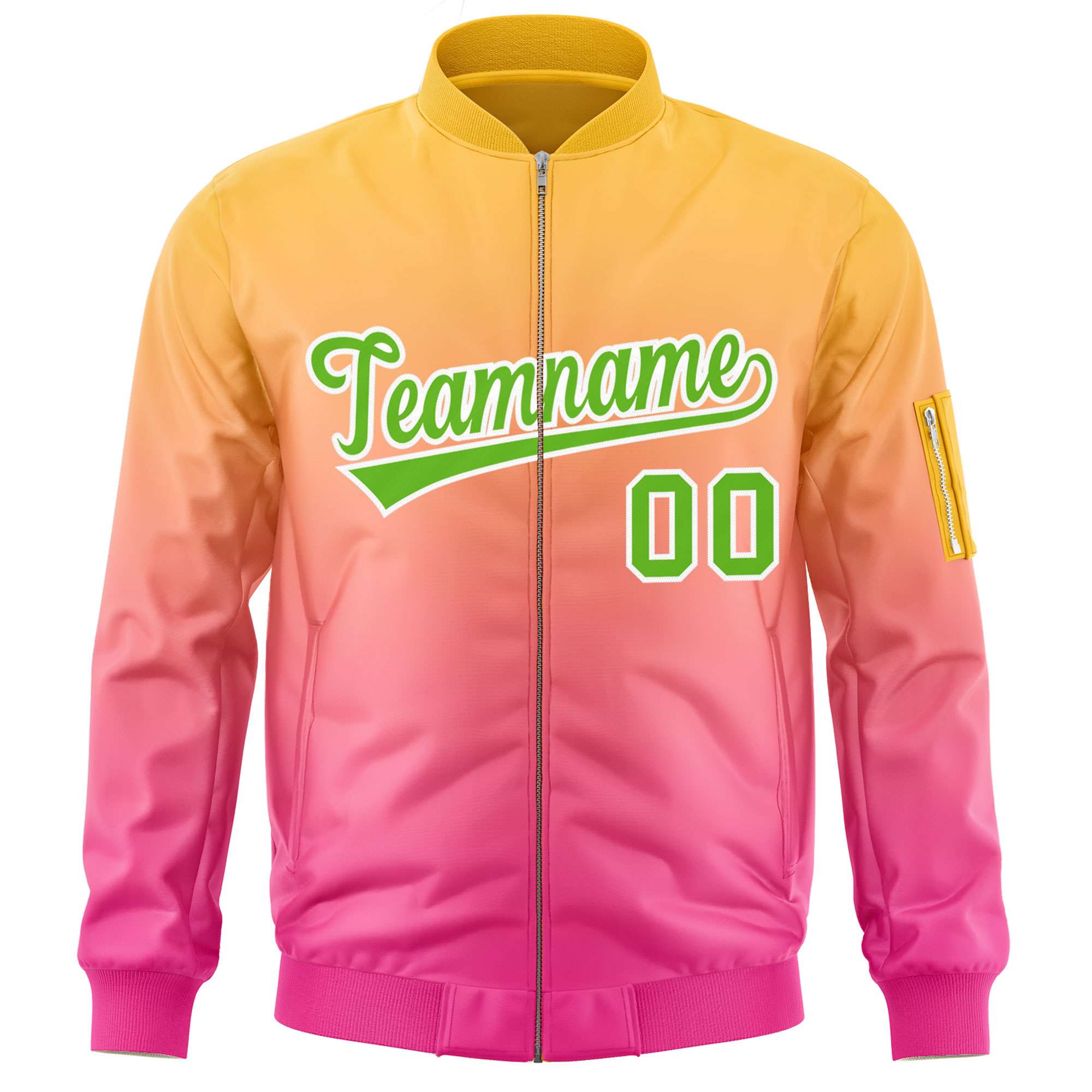 Custom Gold Pink-Green Varsity Full-Zip Gradient Fashion Letterman Bomber Jacket