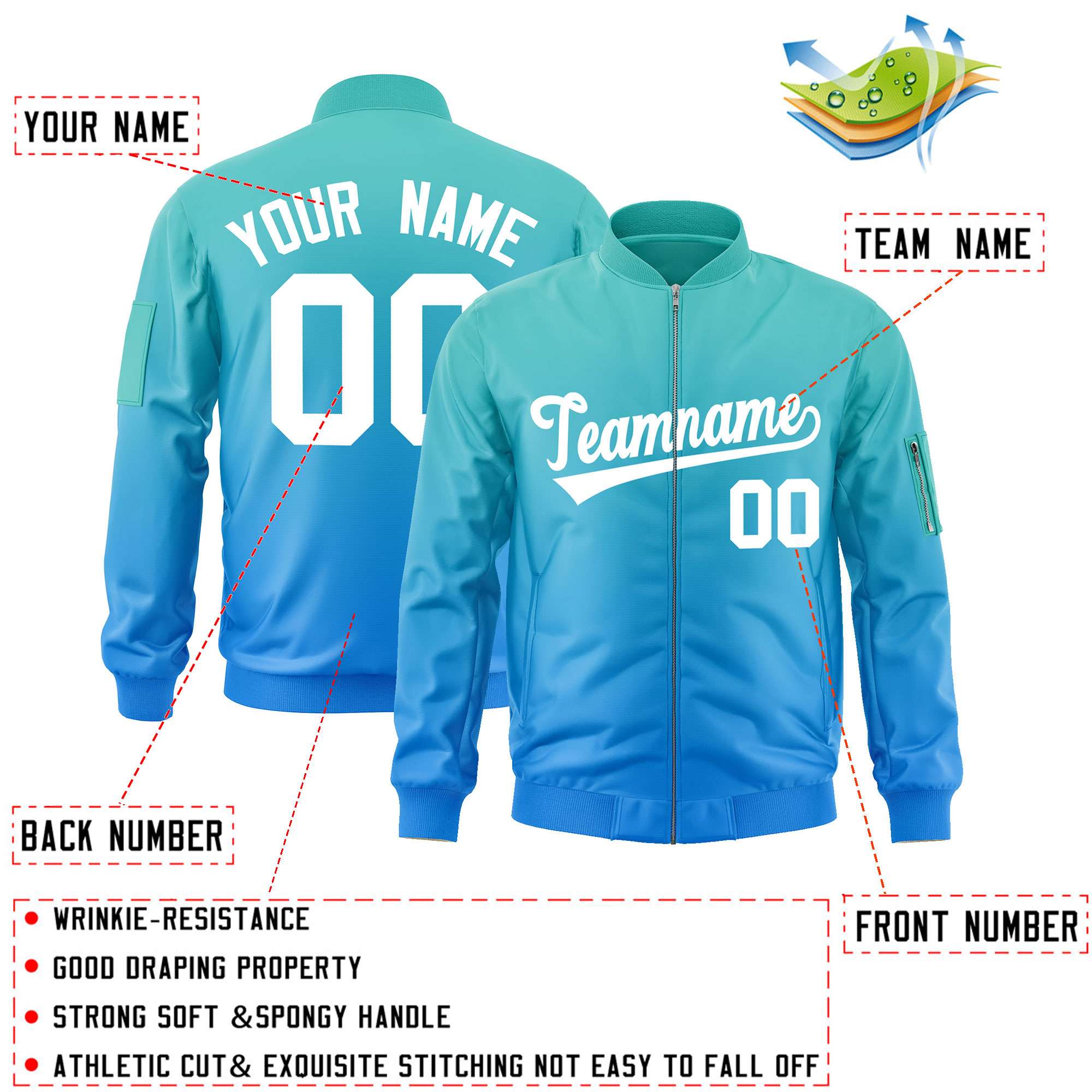 Custom Aqua Powder Blue-White Varsity Full-Zip Gradient Fashion Letterman Bomber Jacket