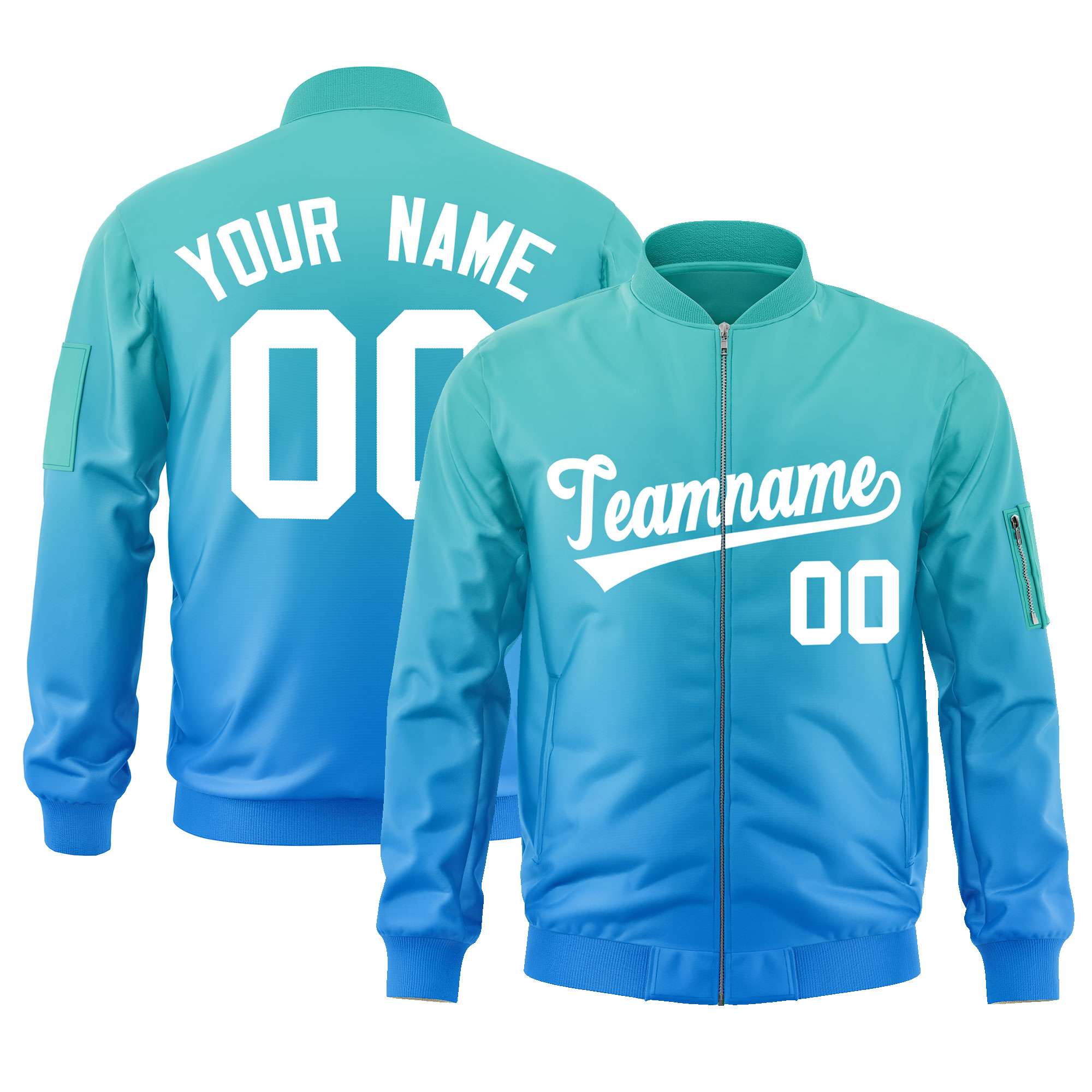 Custom Aqua Powder Blue-White Varsity Full-Zip Gradient Fashion Letterman Bomber Jacket