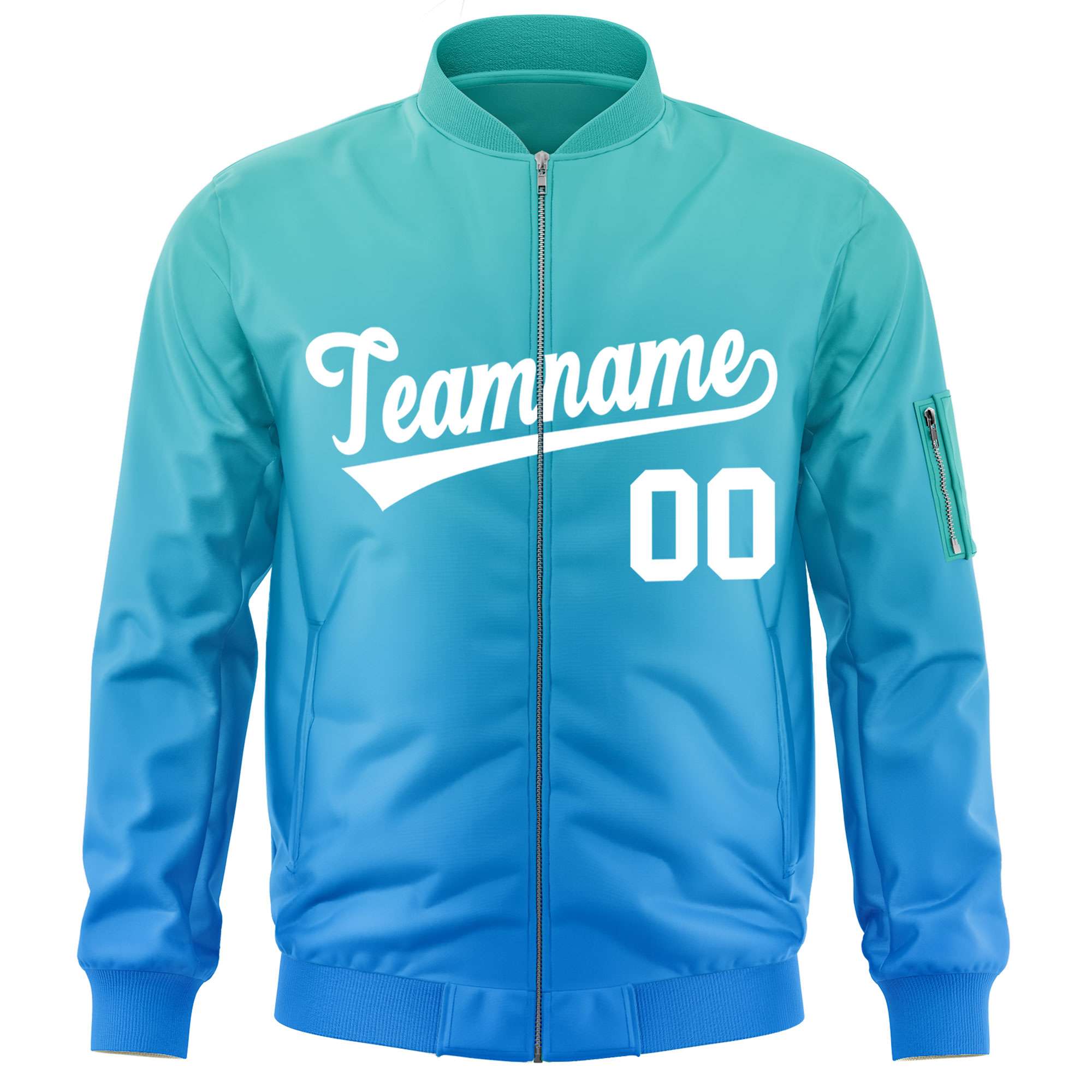 Custom Aqua Powder Blue-White Varsity Full-Zip Gradient Fashion Letterman Bomber Jacket