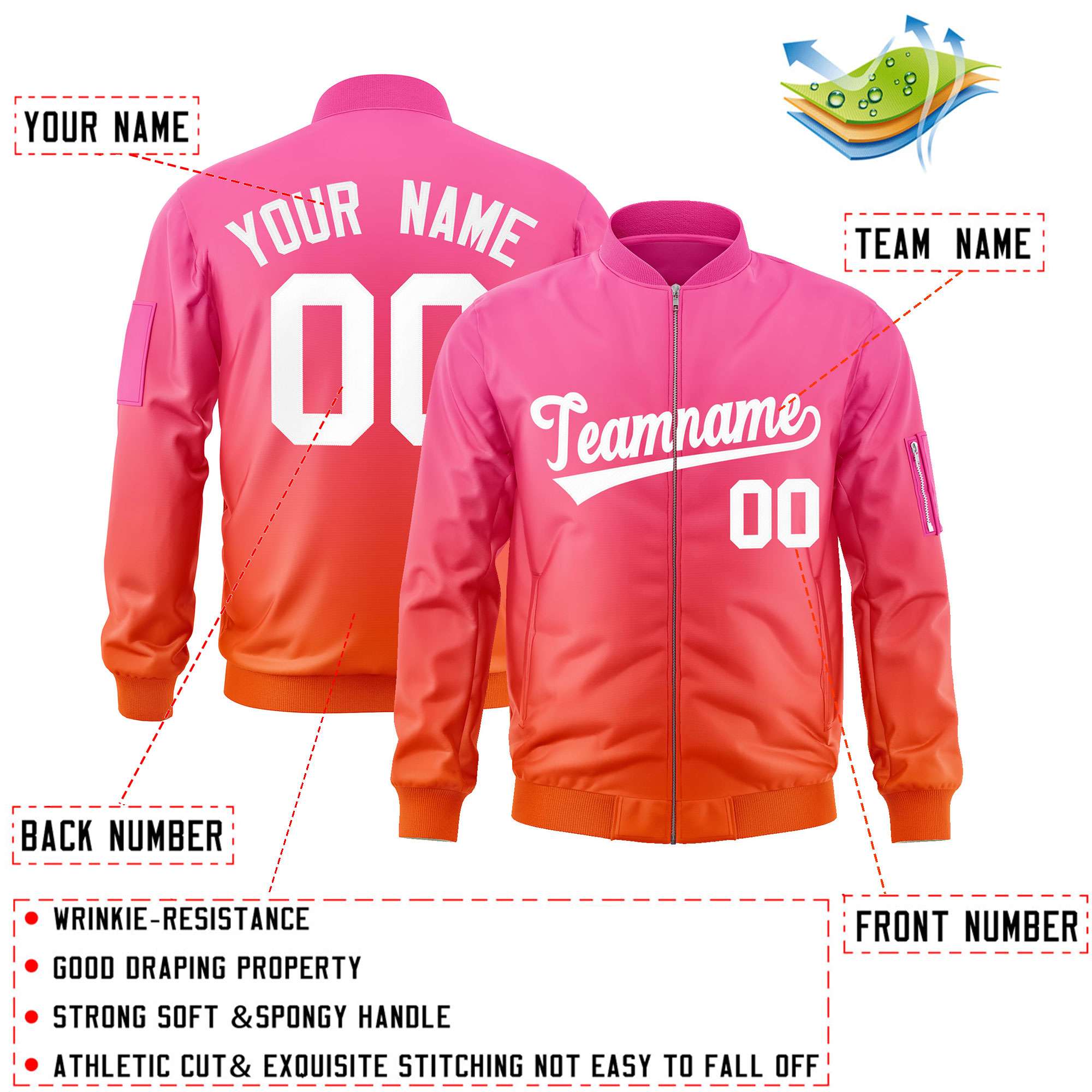 Custom Pink Orange-White Varsity Full-Zip Gradient Fashion Letterman Bomber Jacket