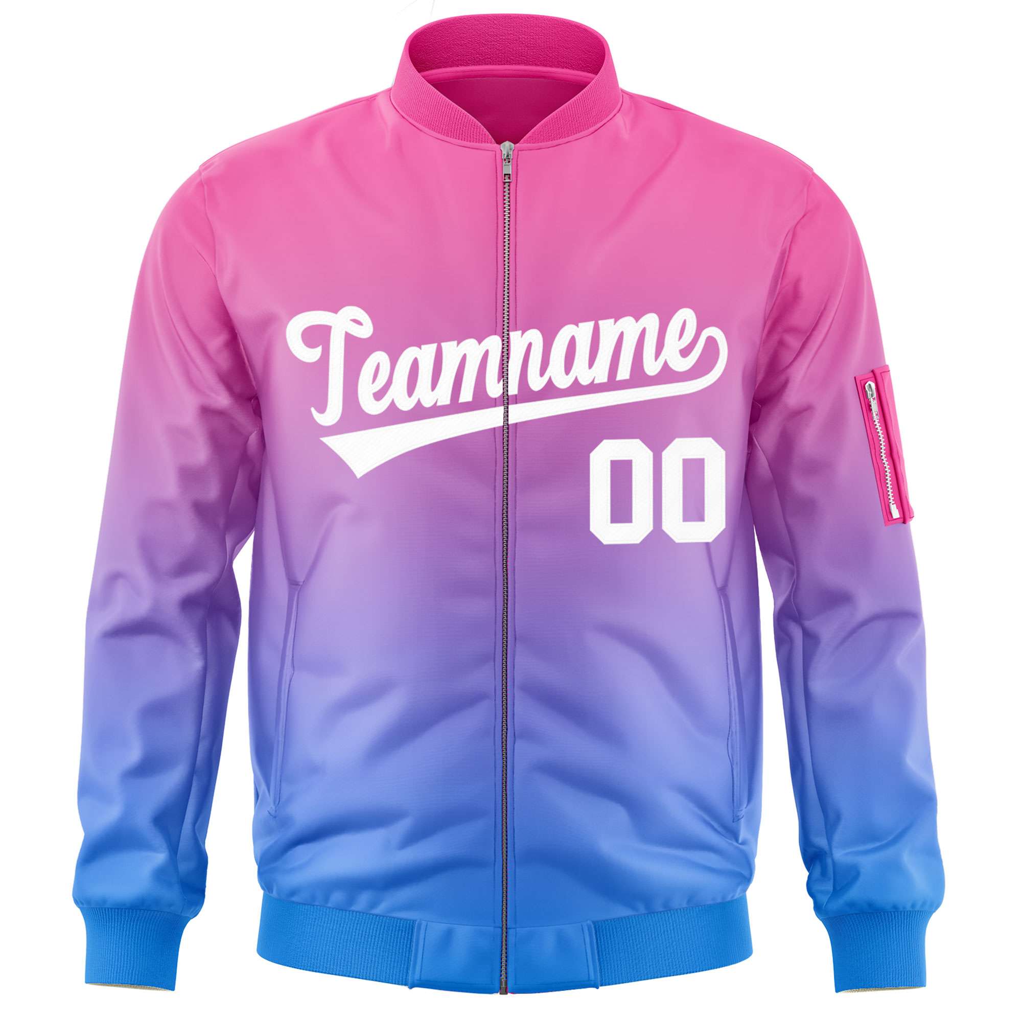 Custom Pink Powder Blue-White Varsity Full-Zip Gradient Fashion Letterman Bomber Jacket