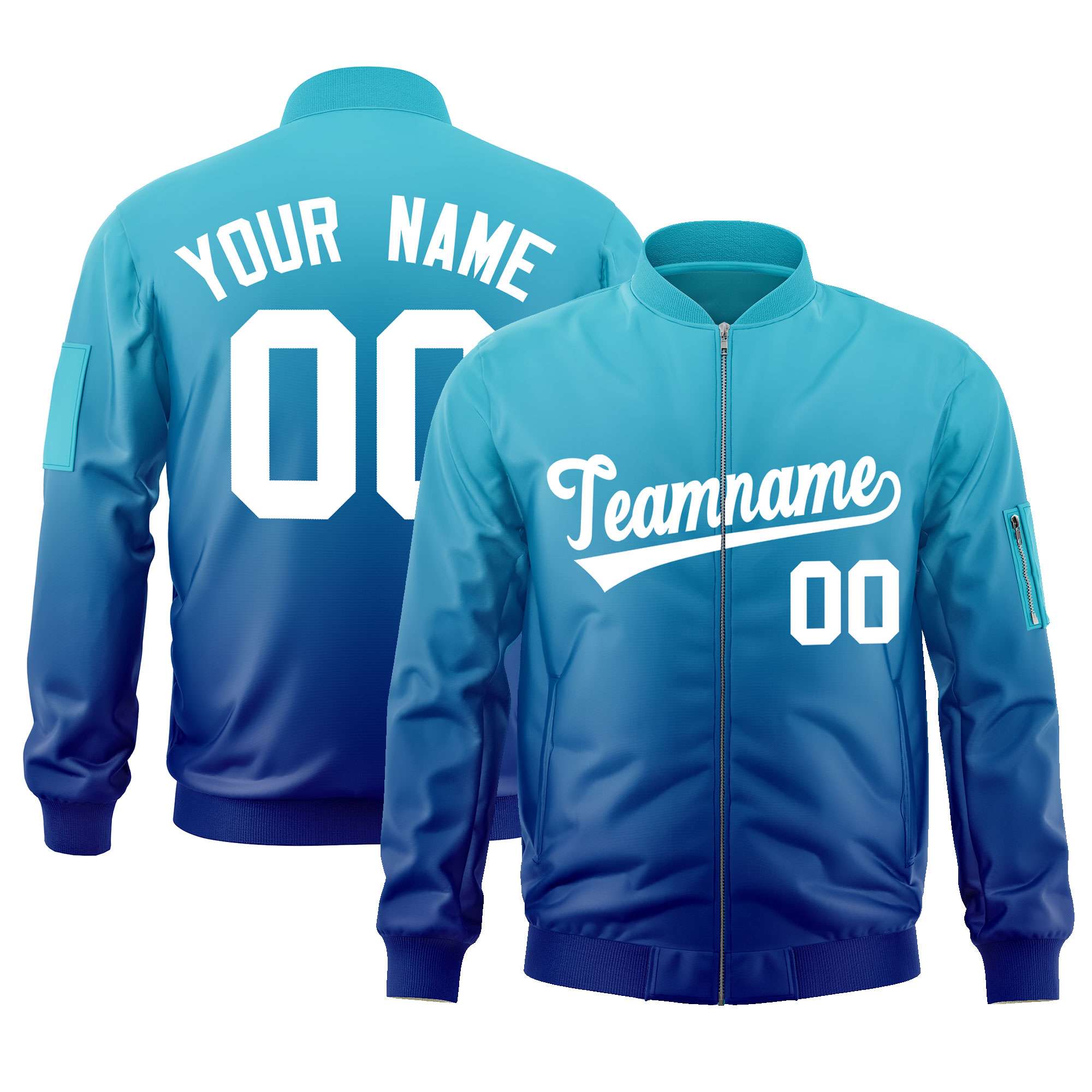 Custom Light Blue Royal-White Varsity Full-Zip Gradient Fashion Letterman Bomber Jacket