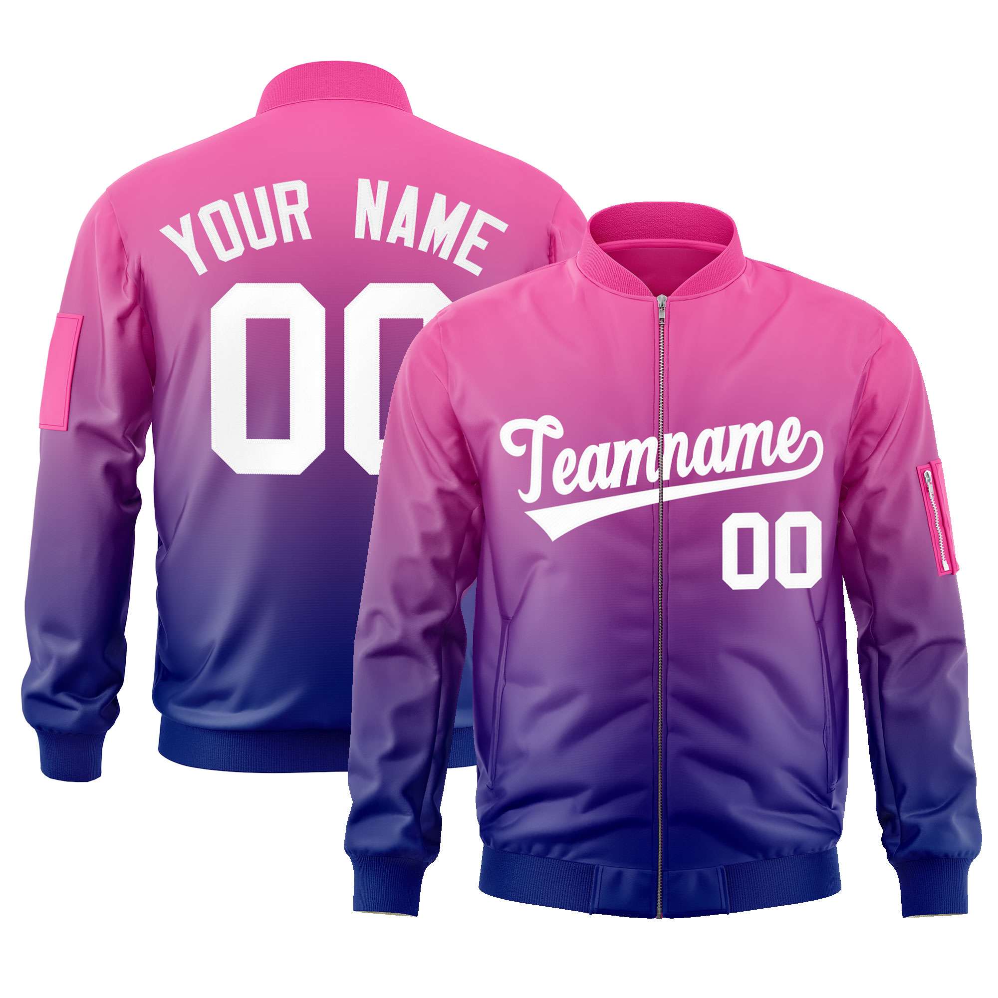 Custom Pink Purple-White Varsity Full-Zip Gradient Fashion Letterman Bomber Jacket