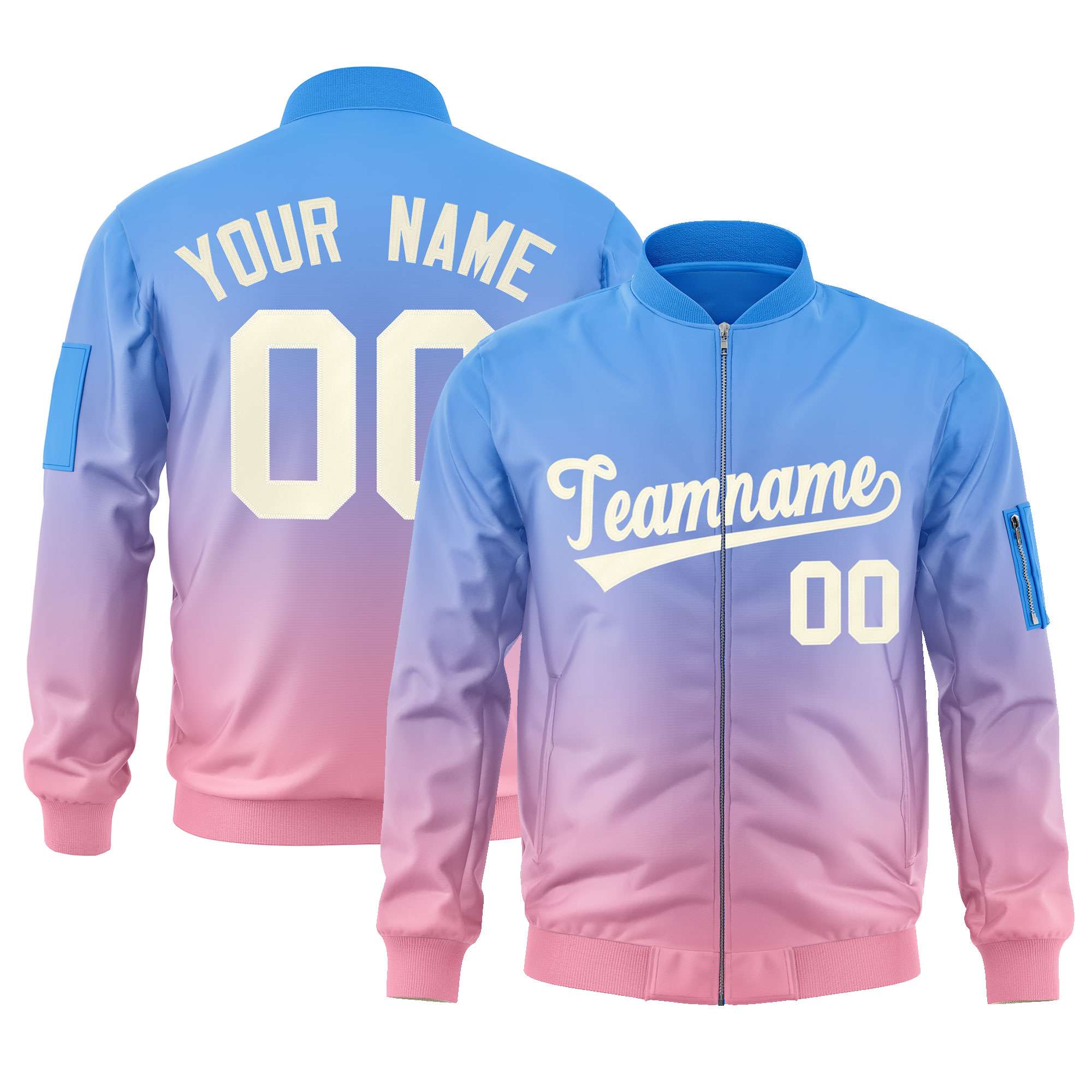 Custom Powder Blue Pink-Cream Varsity Full-Zip Gradient Fashion Letterman Bomber Jacket