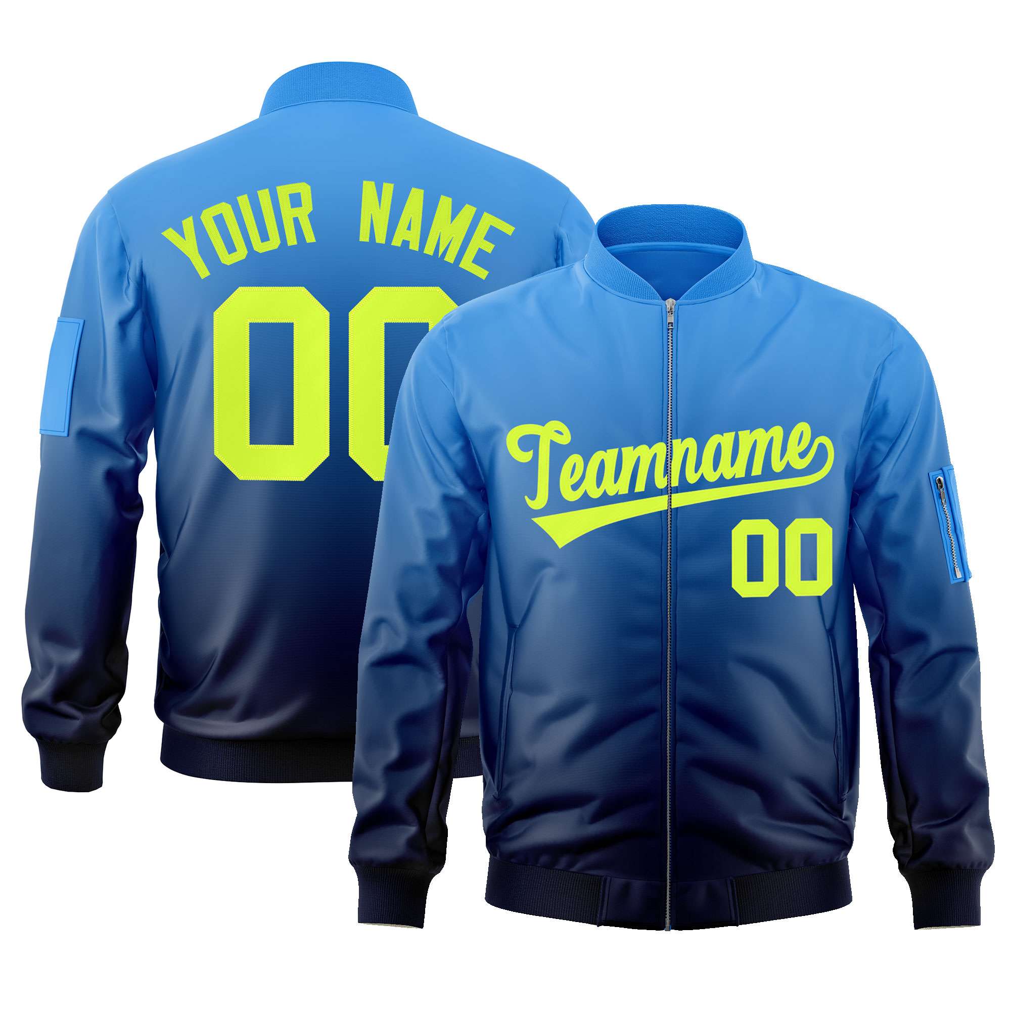 Custom Powder Blue Navy-Neon Green Varsity Full-Zip Gradient Fashion Letterman Bomber Jacket